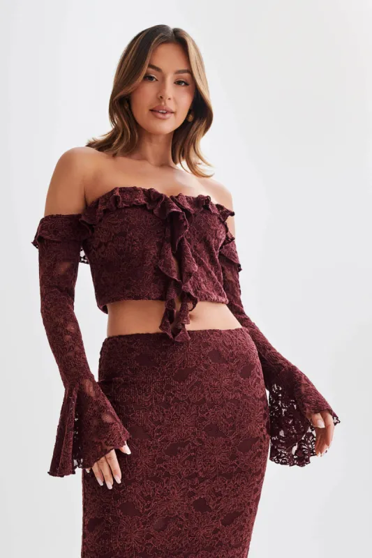 Artemis Lace Plisse Off Shoulder Top - Plum sold by Meshki