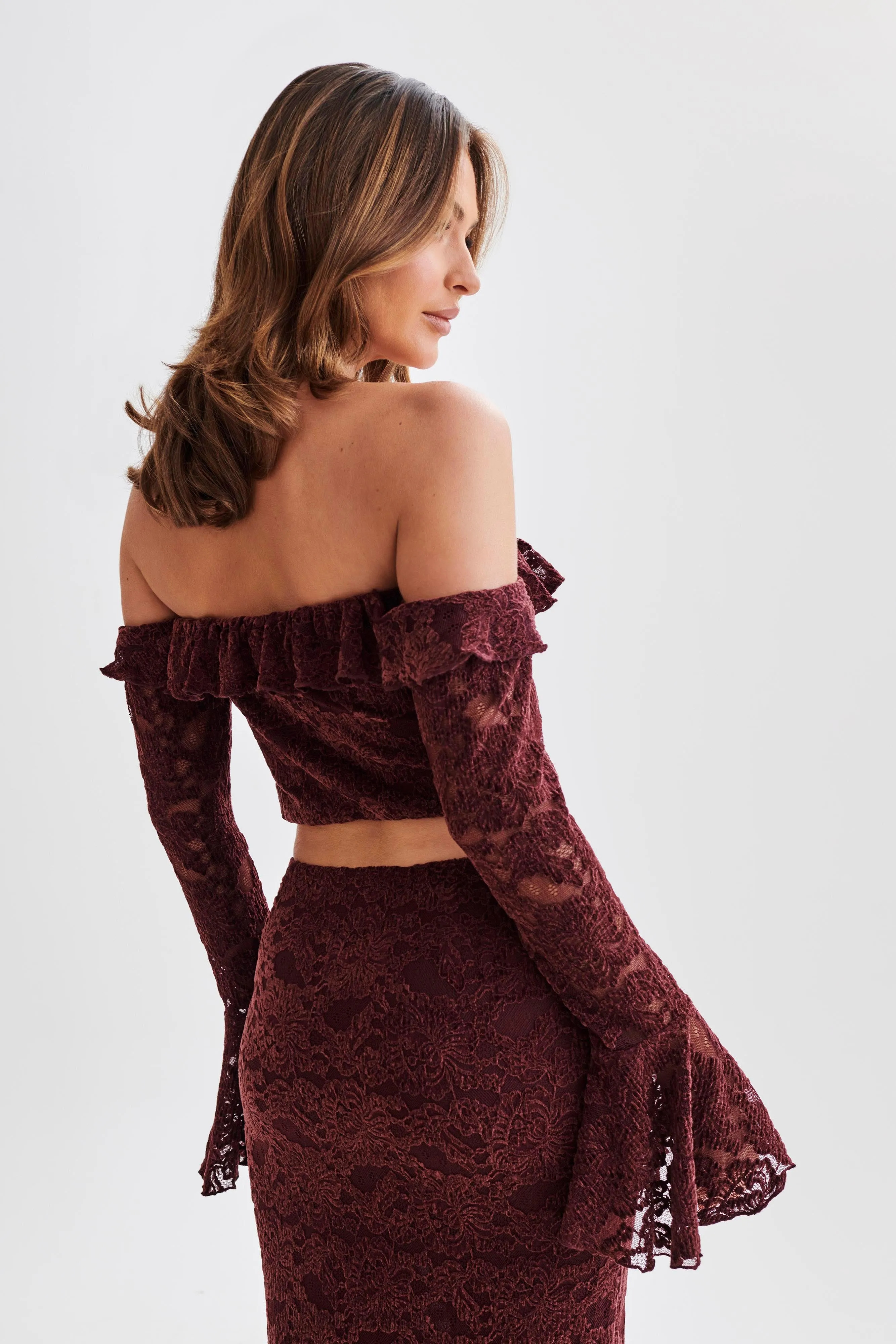 Artemis Lace Plisse Off Shoulder Top - Plum sold by Meshki product image thumbnail 3