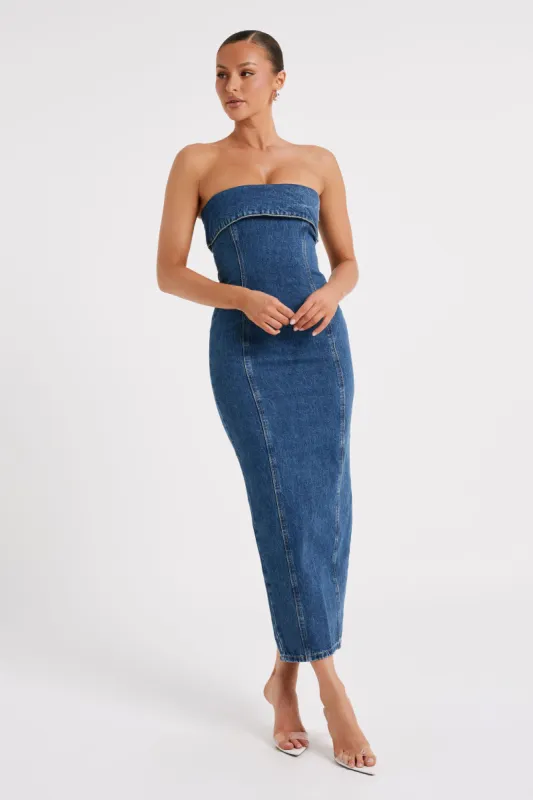 Katherine Strapless Denim Midi Dress - Dark Blue sold by Meshki