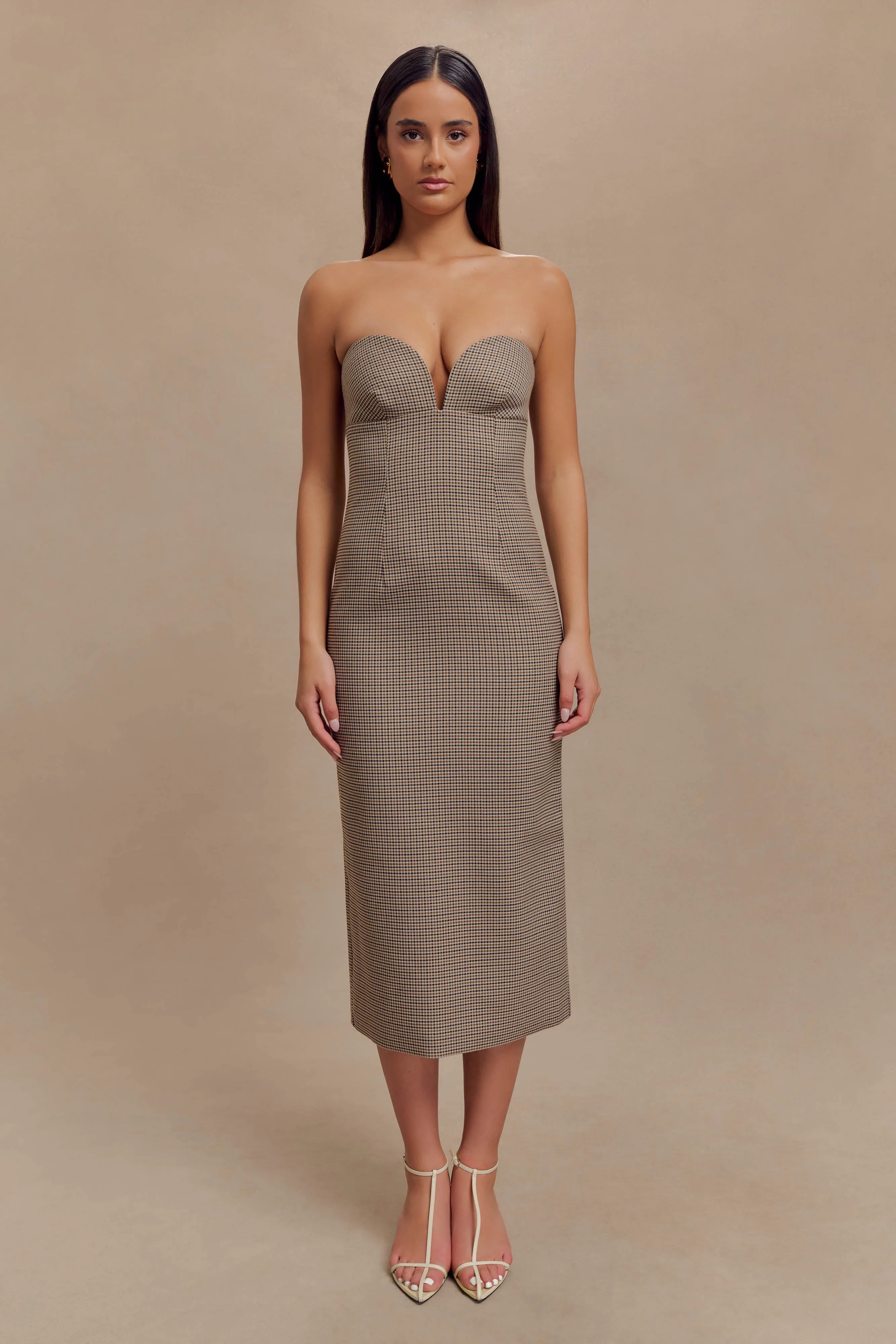 Christie Strapless Midi Dress - Tan Check sold by Meshki product image thumbnail 2