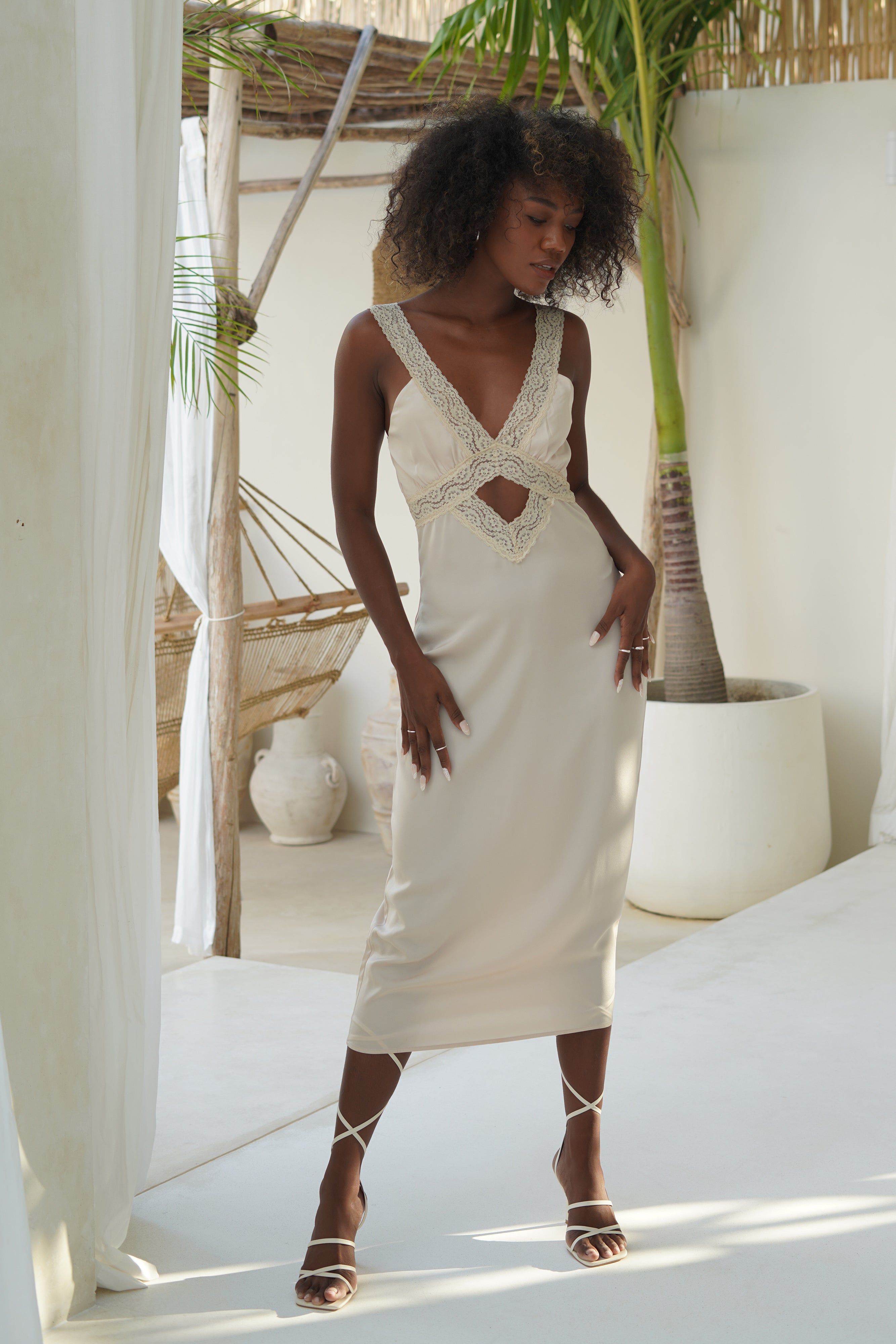 Kristin Lace Cut Out Midi Dress - Champagne sold by Meshki