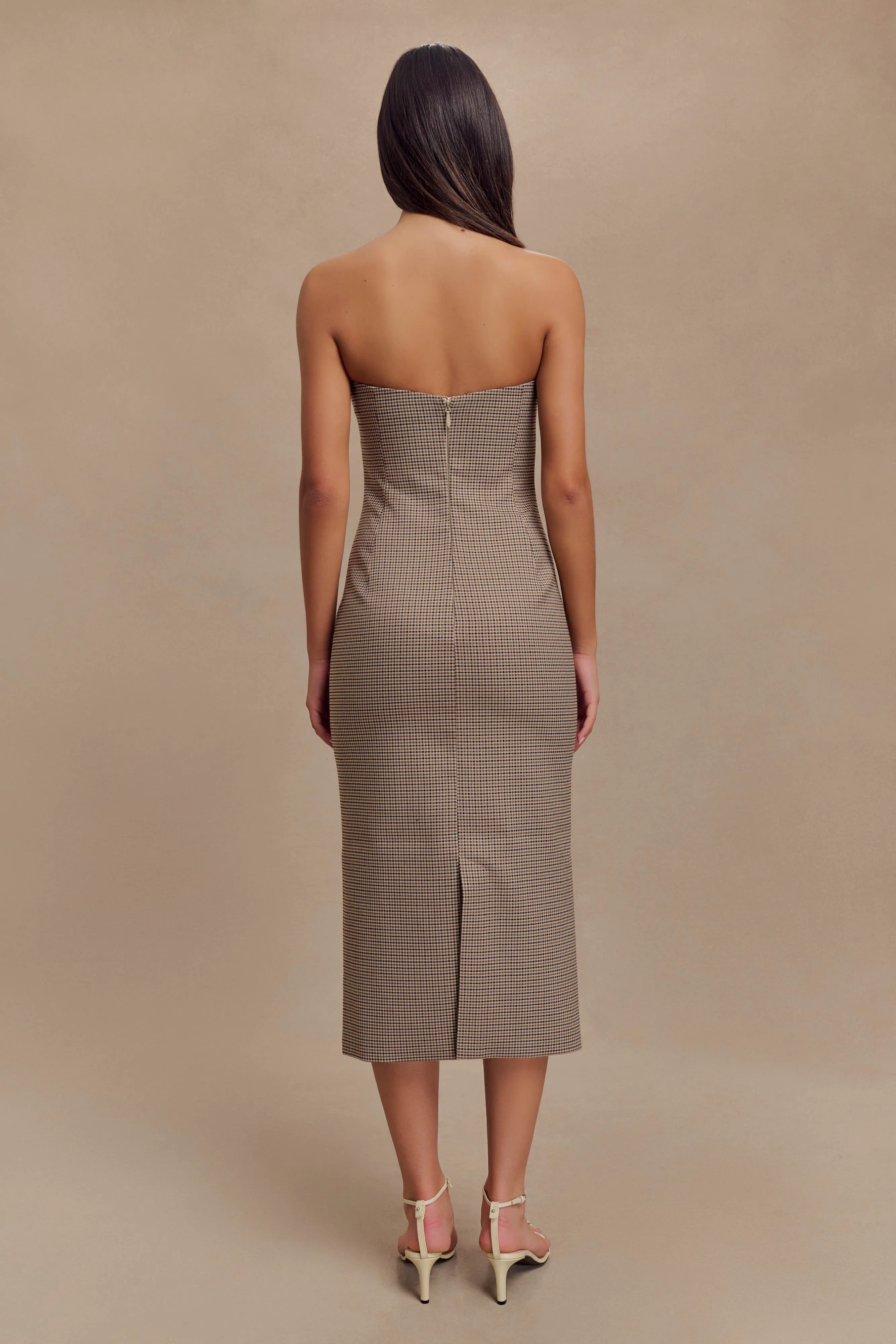 Christie Strapless Midi Dress - Tan Check sold by Meshki product image thumbnail 3
