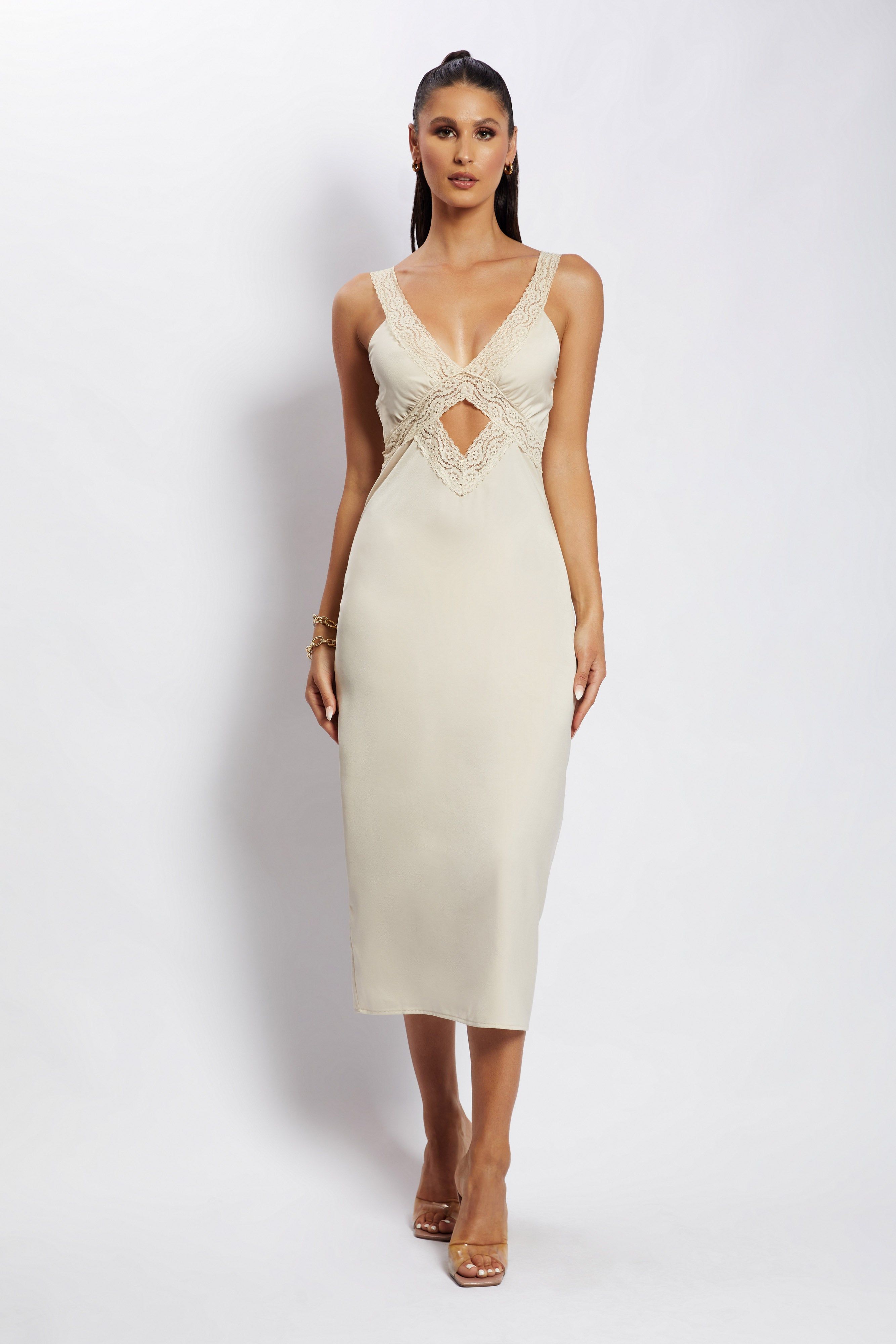 Kristin Lace Cut Out Midi Dress - Champagne sold by Meshki product image thumbnail 5