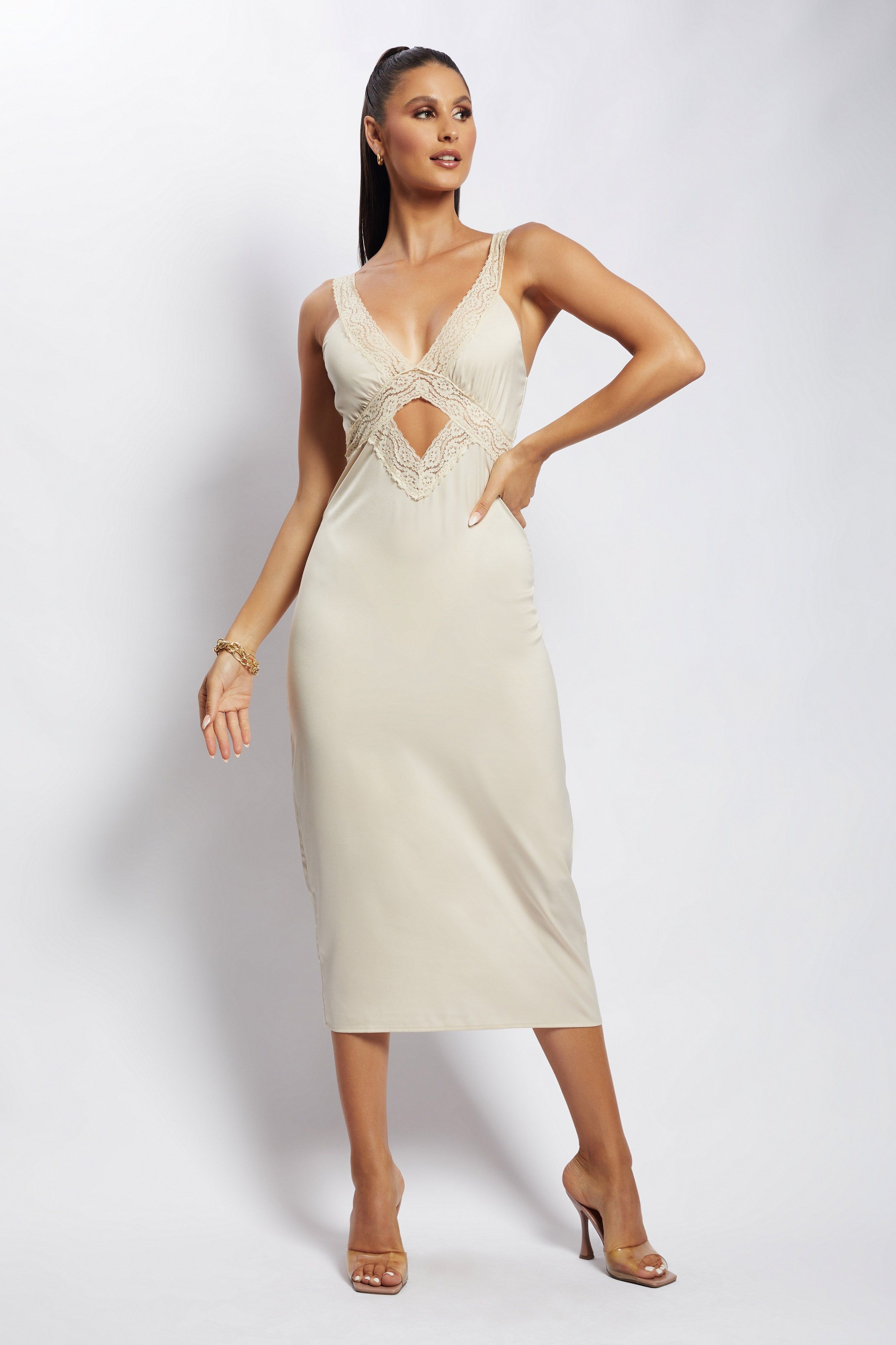 Kristin Lace Cut Out Midi Dress - Champagne sold by Meshki product image thumbnail 2