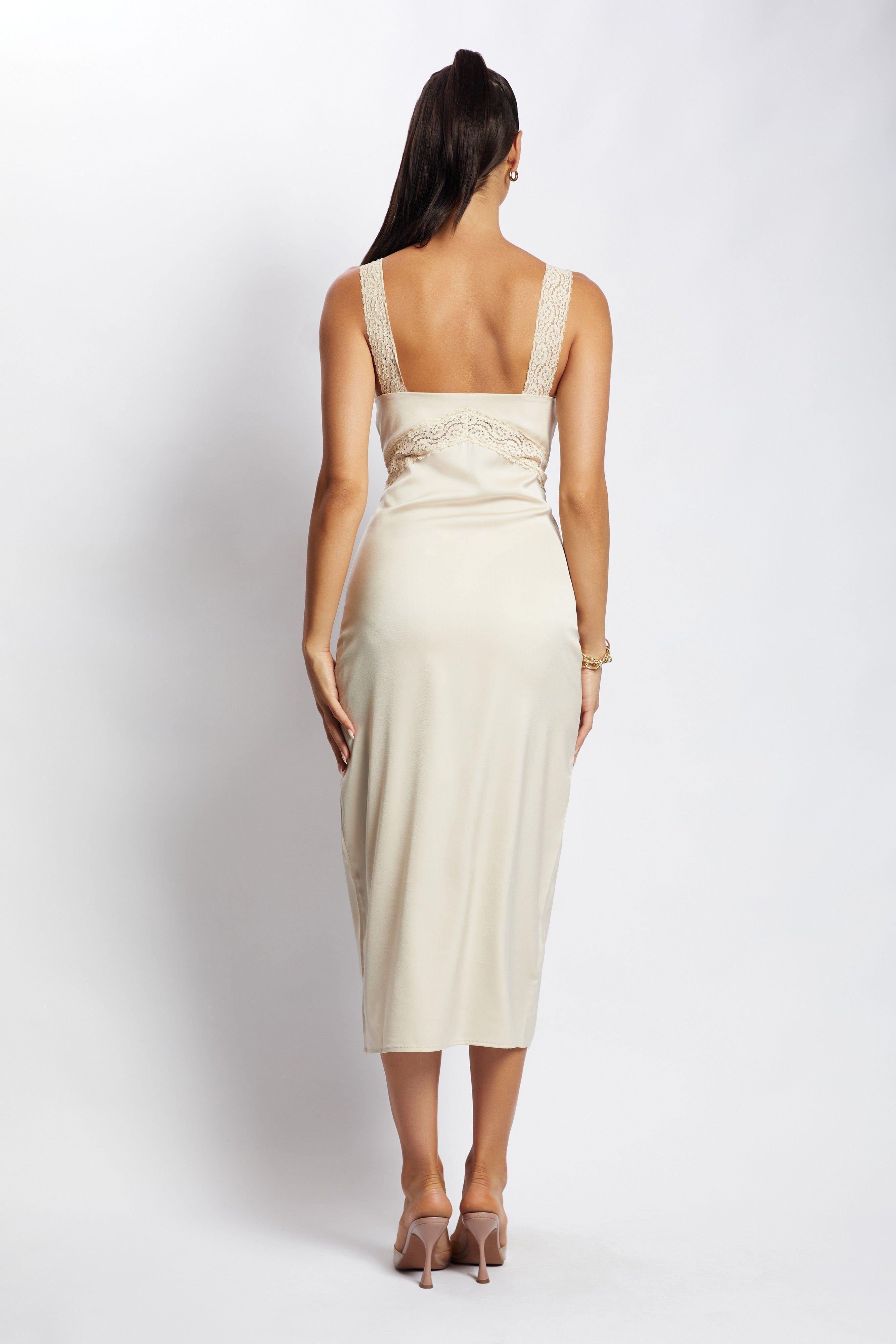 Kristin Lace Cut Out Midi Dress - Champagne sold by Meshki product image thumbnail 3