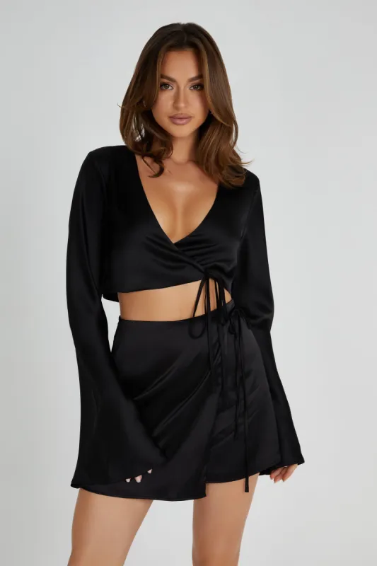 Elaine Satin Long Sleeve Top - Black sold by Meshki