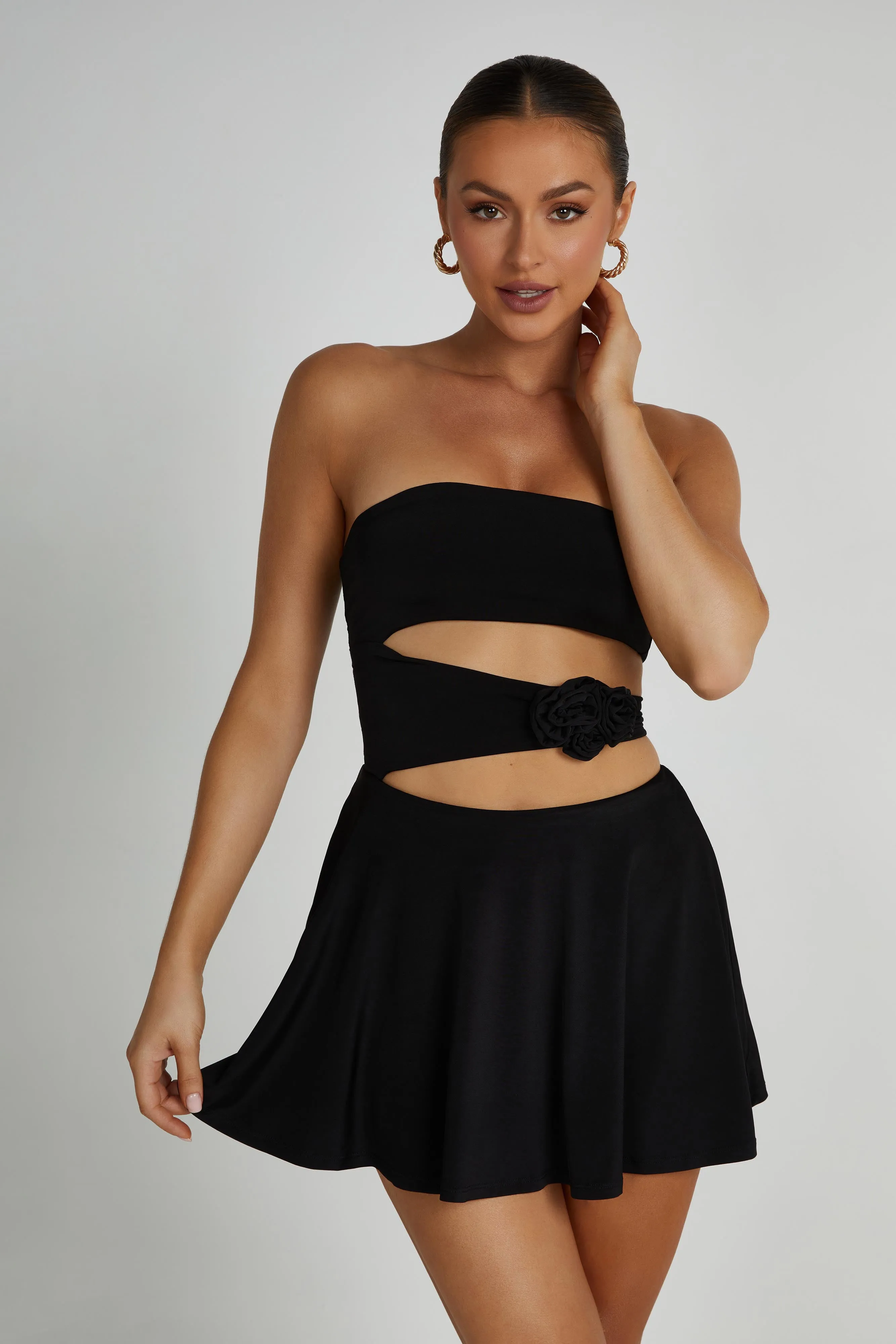 Montanna Strapless Rose Mini Dress - Black sold by Meshki