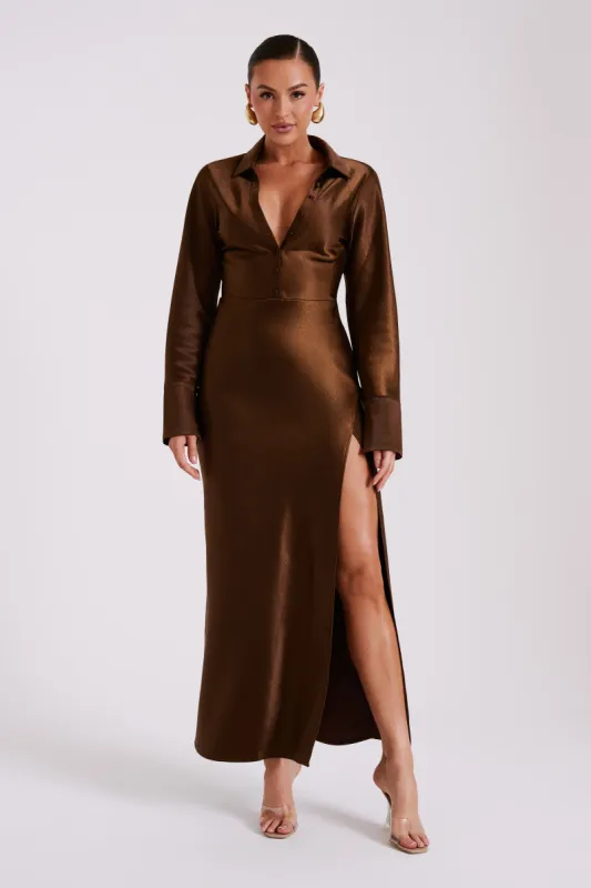 Whitley Satin Collared Maxi Dress - Dark Brown sold by Meshki
