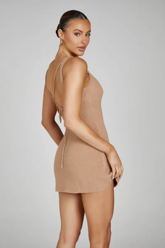 Pauline Open Back Knit Mini Dress - Taupe sold by Meshki
