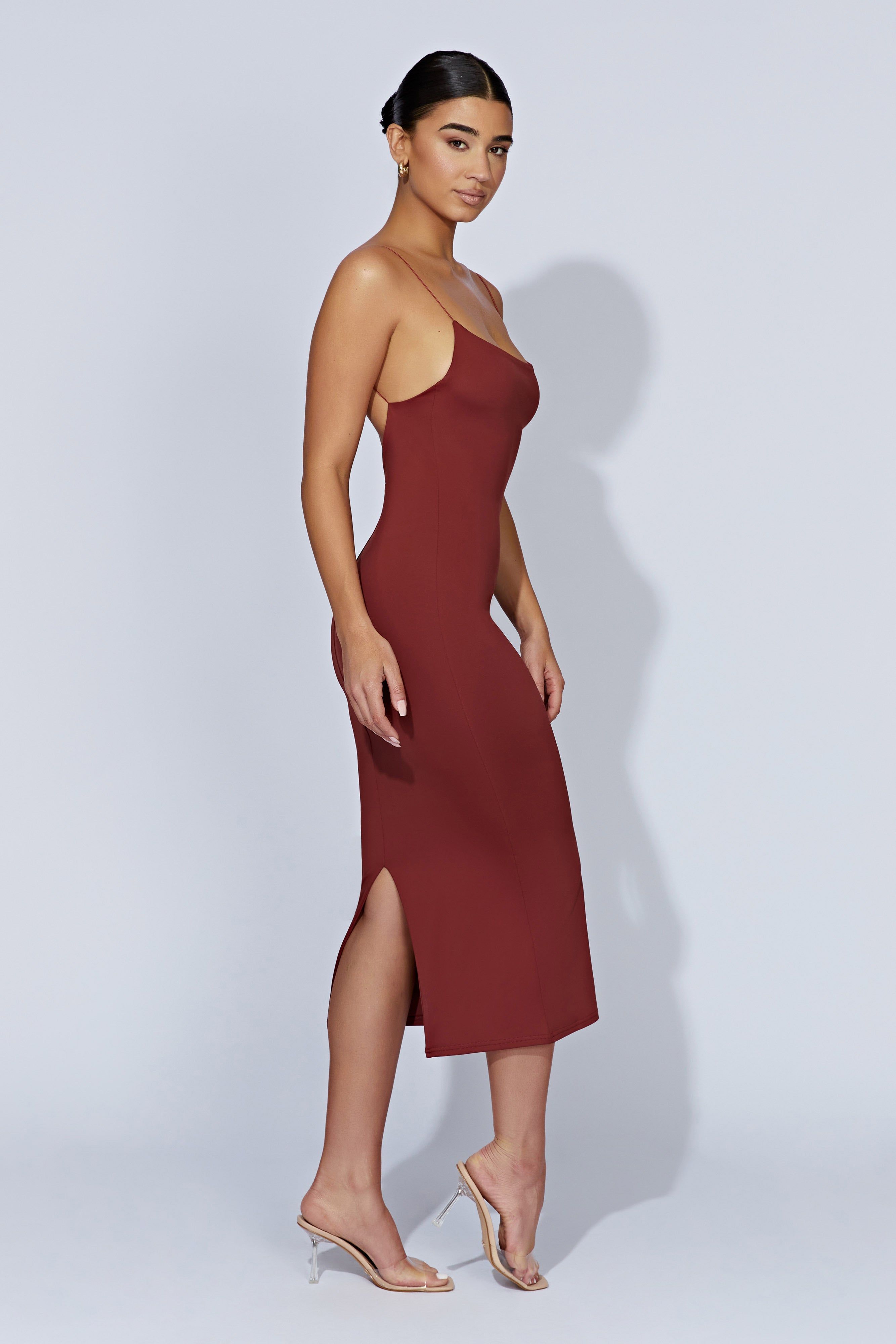 Lexia Scoop Low Neck Midi Dress - Cherry Chocolate sold by Meshki product image thumbnail 3