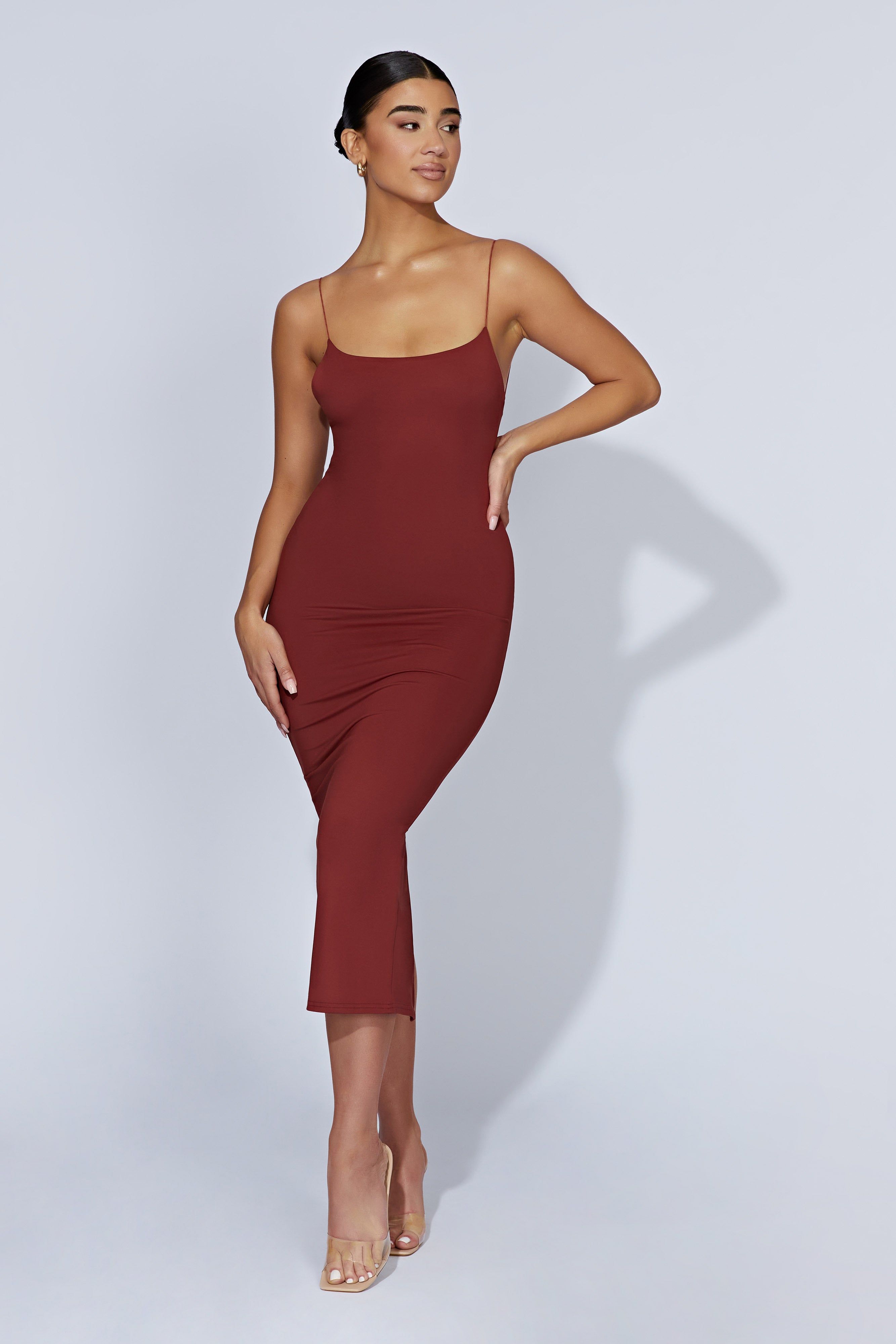 Lexia Scoop Low Neck Midi Dress - Cherry Chocolate sold by Meshki