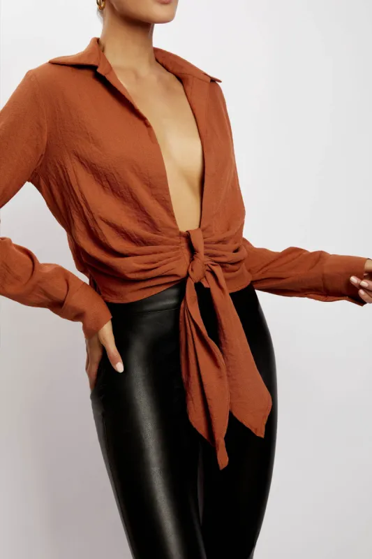 Rona Front Tie Long Sleeve Crop Top - Burnt Orange sold by Meshki