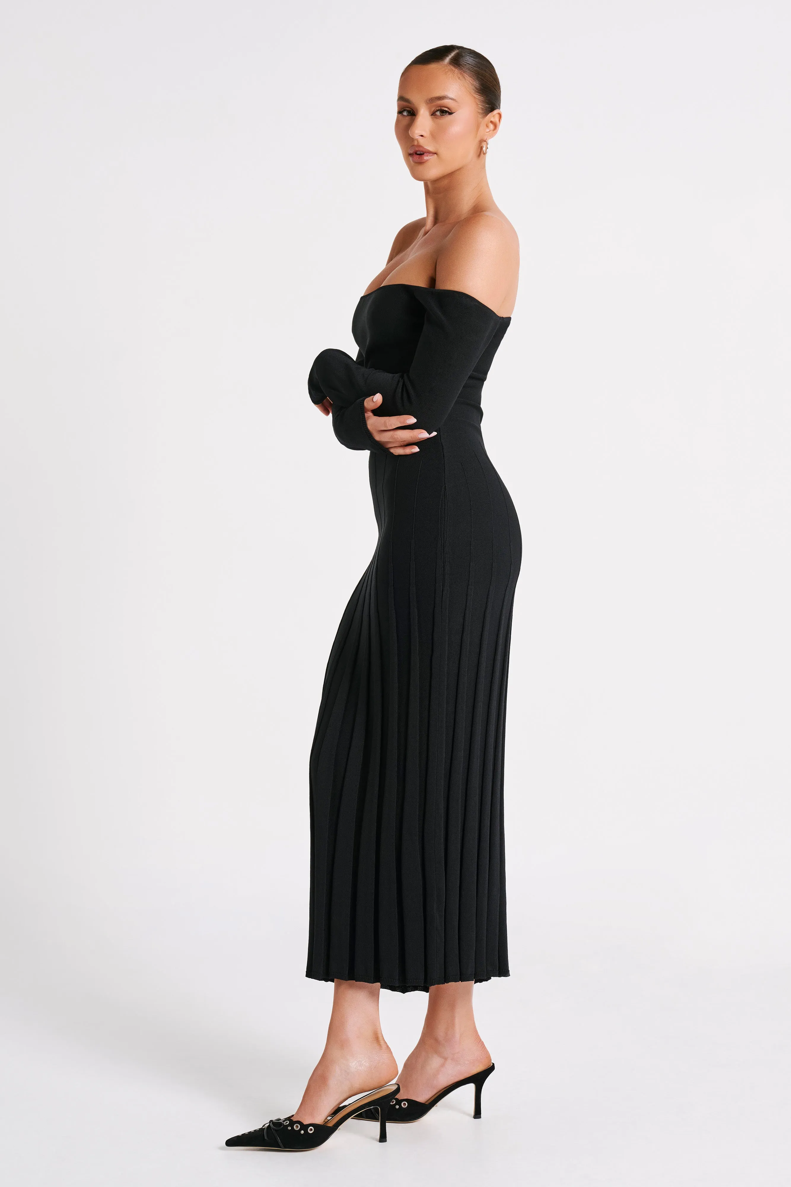 Emmeline Long Sleeve Rib Knit Midi Dress - Black sold by Meshki product image thumbnail 4