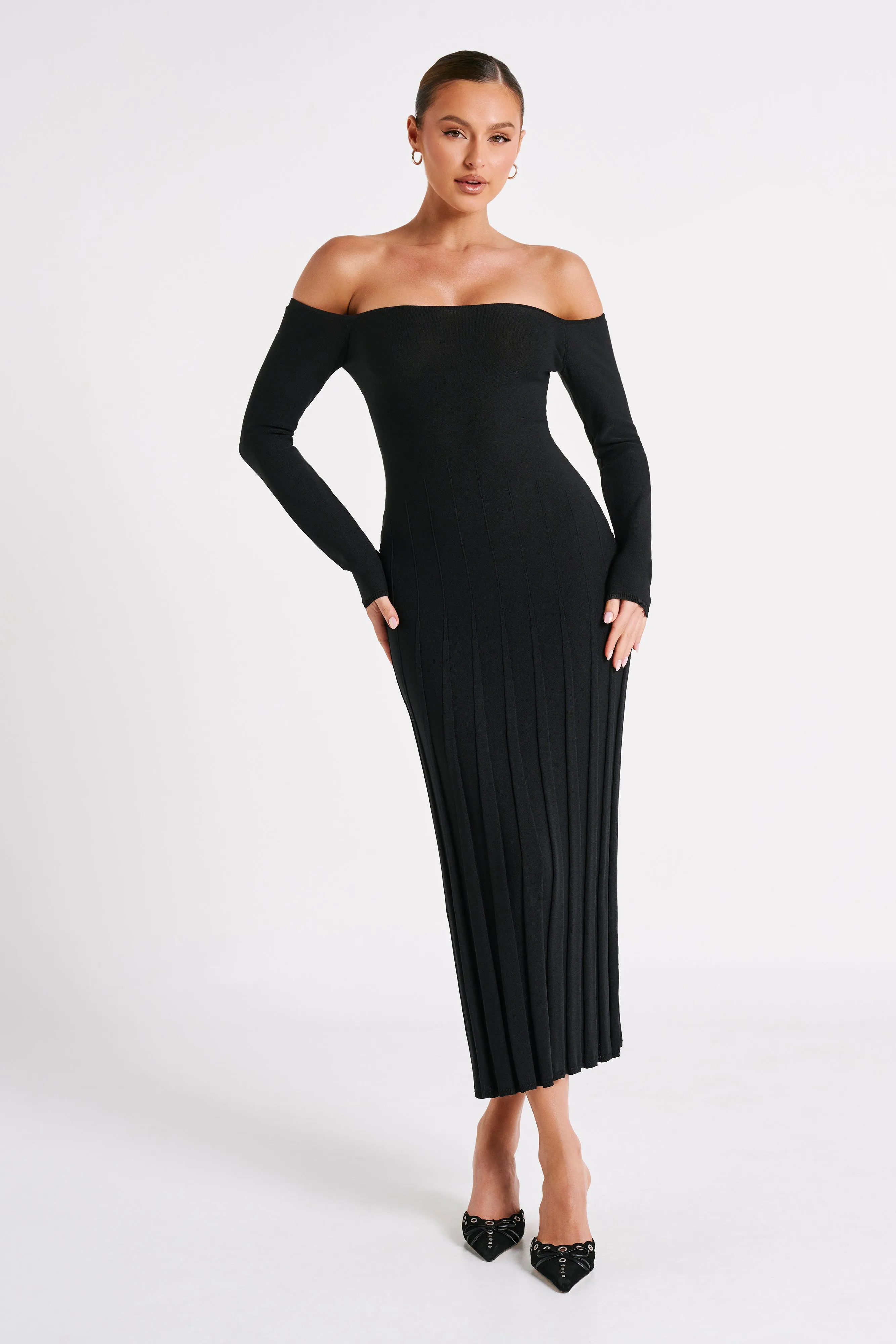Emmeline Long Sleeve Rib Knit Midi Dress - Black sold by Meshki