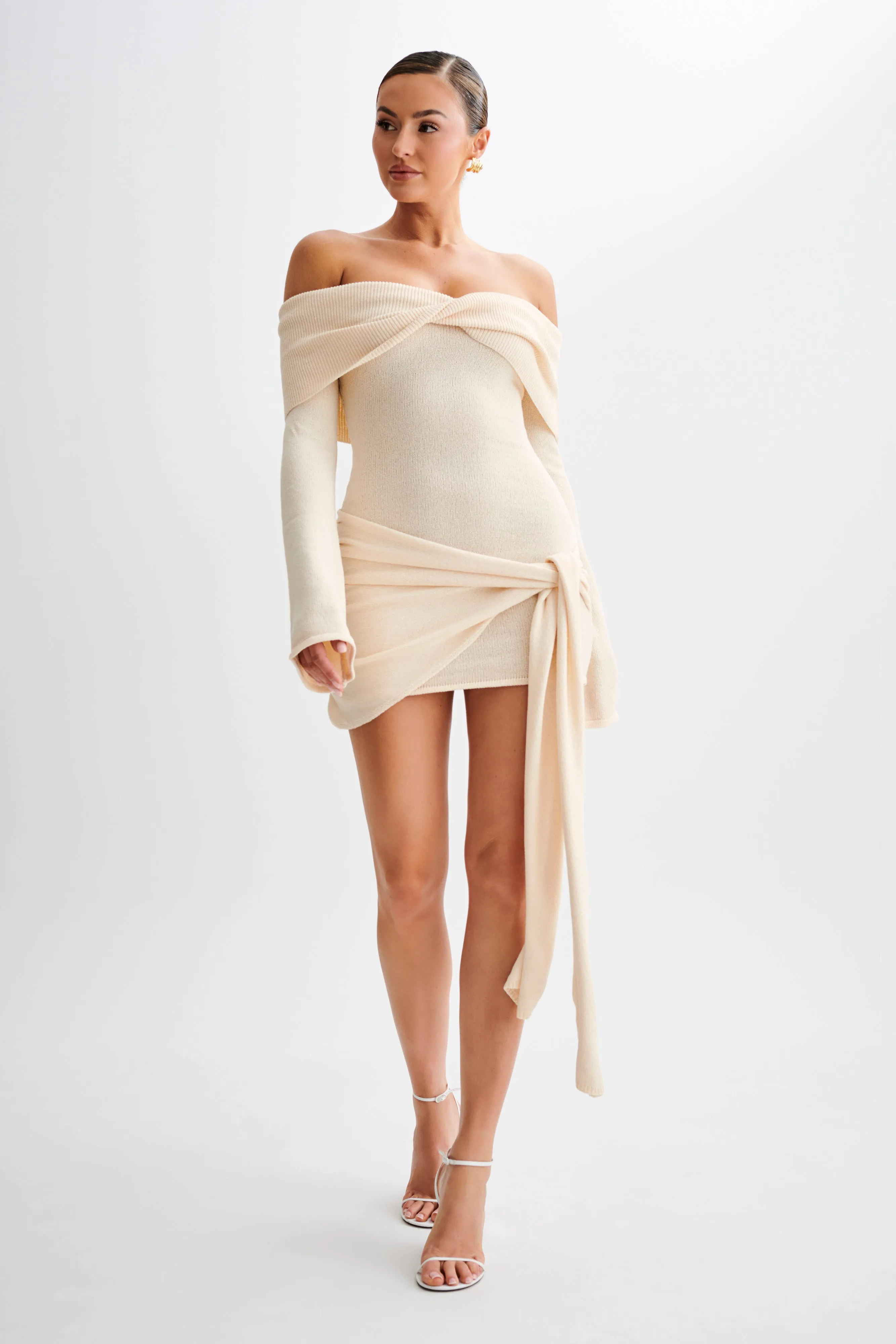 Camryn Off Shoulder Tie Knit Mini Dress - Cream Marle sold by Meshki product image thumbnail 5