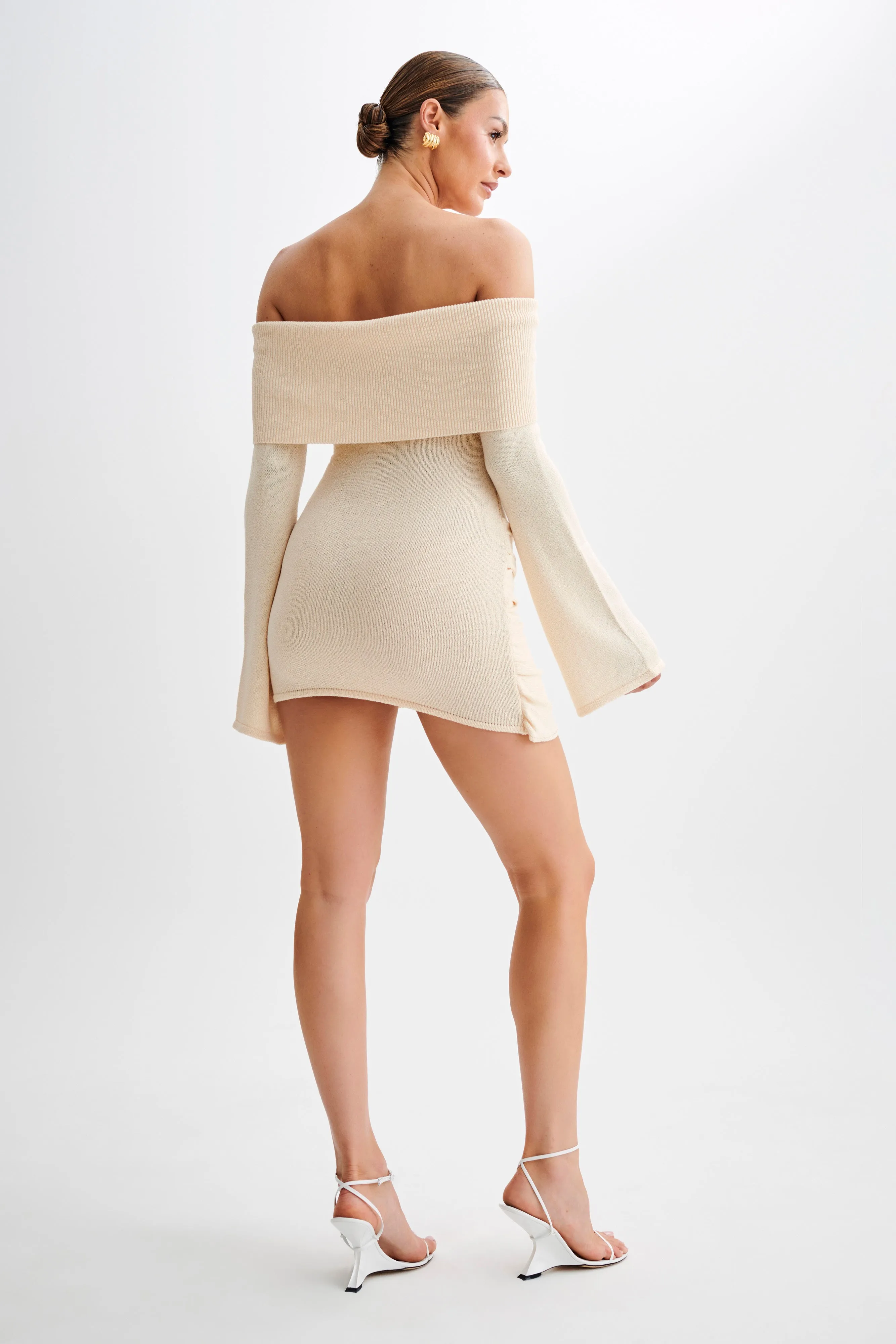 Camryn Off Shoulder Tie Knit Mini Dress - Cream Marle sold by Meshki product image thumbnail 2