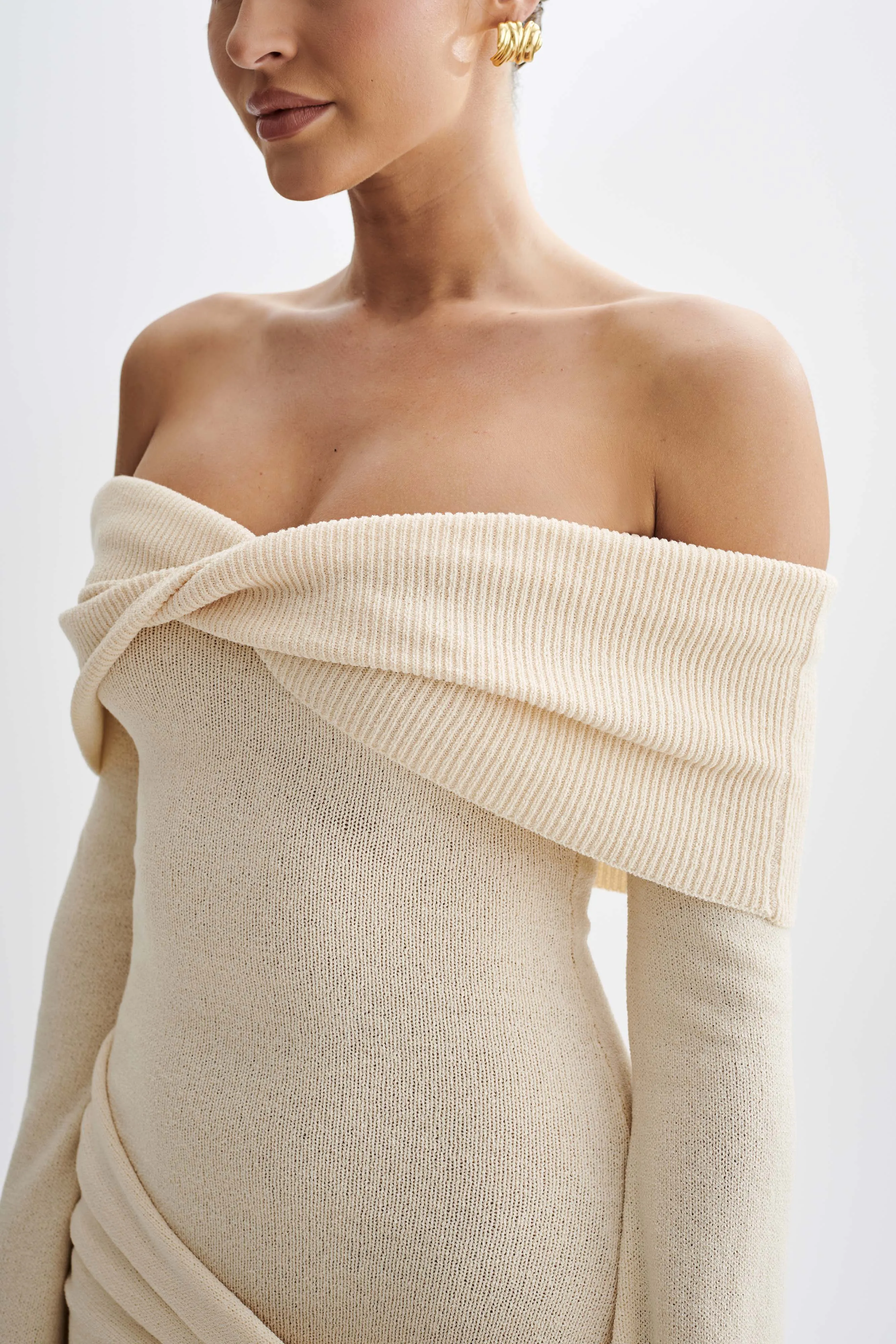 Camryn Off Shoulder Tie Knit Mini Dress - Cream Marle sold by Meshki product image thumbnail 3