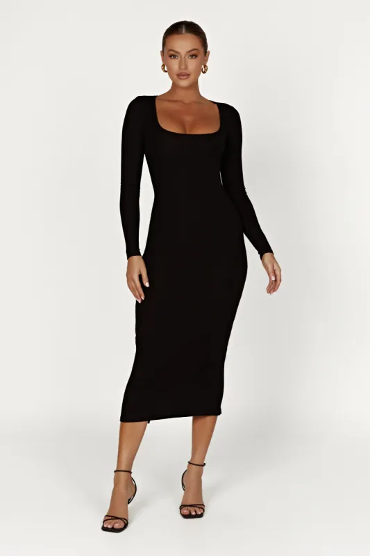 Sierra Scoop Neck Long Sleeve Midi Dress - Black sold by Meshki