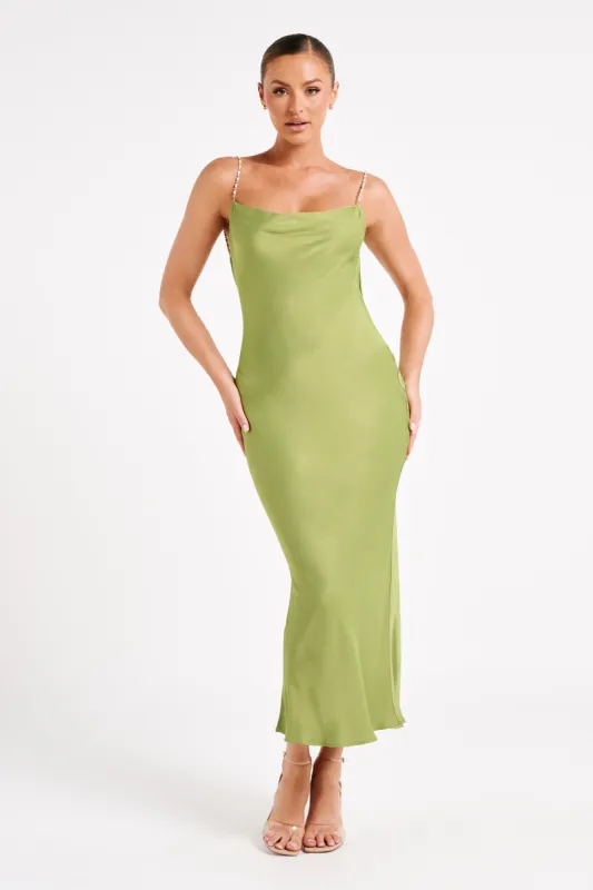 Adela Cowl Midi Dress With Pearl Trim - Parakeet Green sold by Meshki