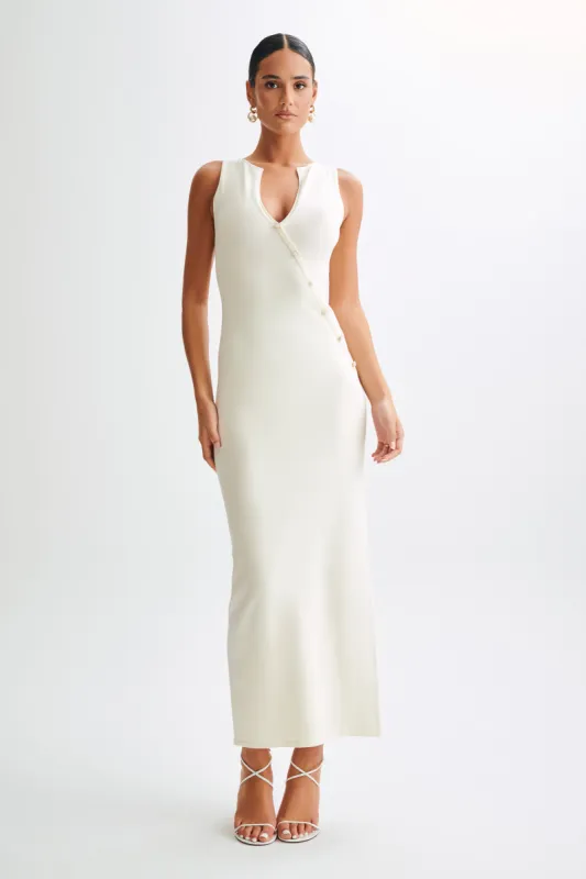 Marina Sleeveless Buttoned Knit Midi Dress - Ivory sold by Meshki