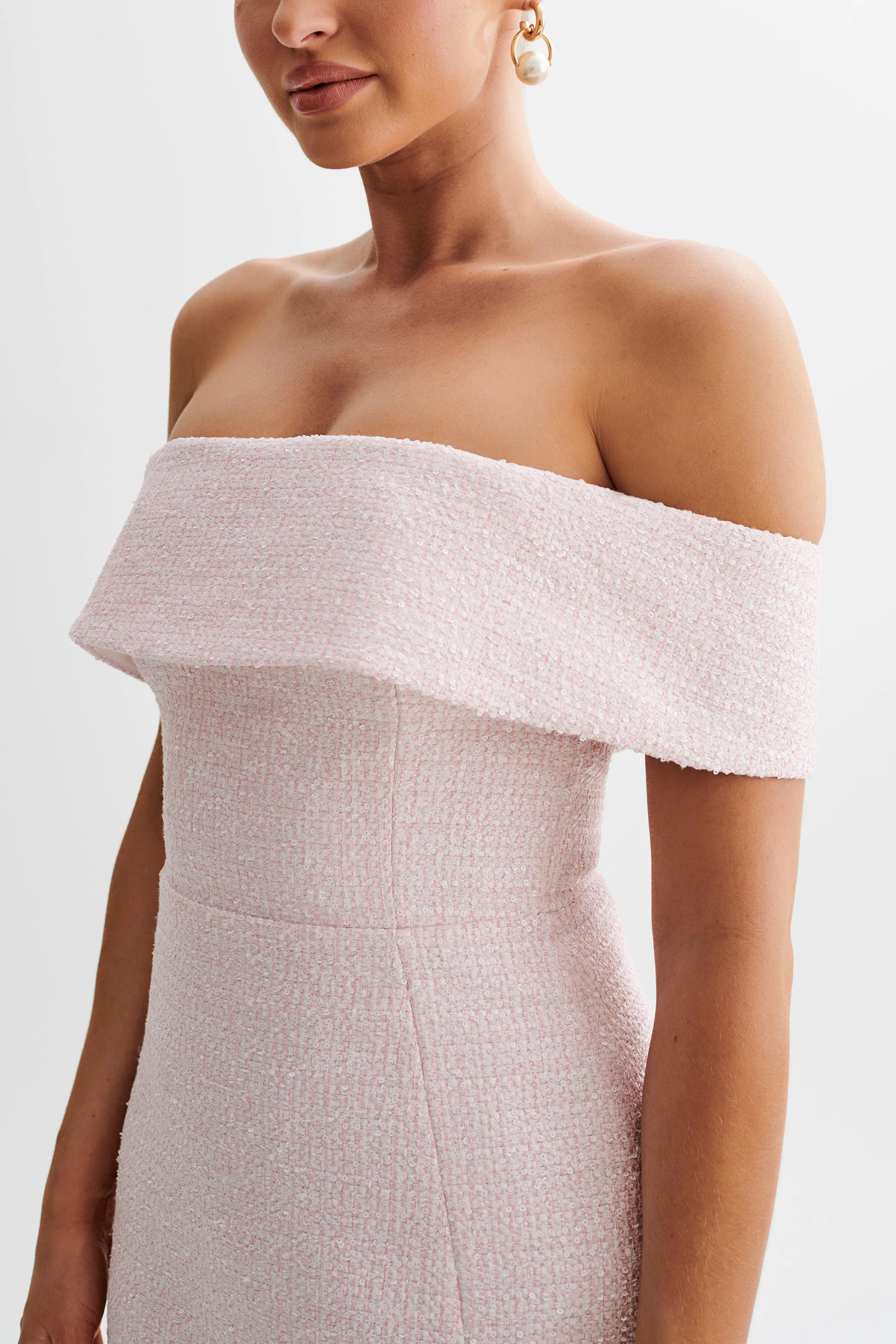 Helena Tweed Off Shoulder Mini Dress - Pink sold by Meshki product image thumbnail 3