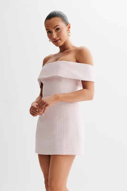 Helena Tweed Off Shoulder Mini Dress - Pink sold by Meshki
