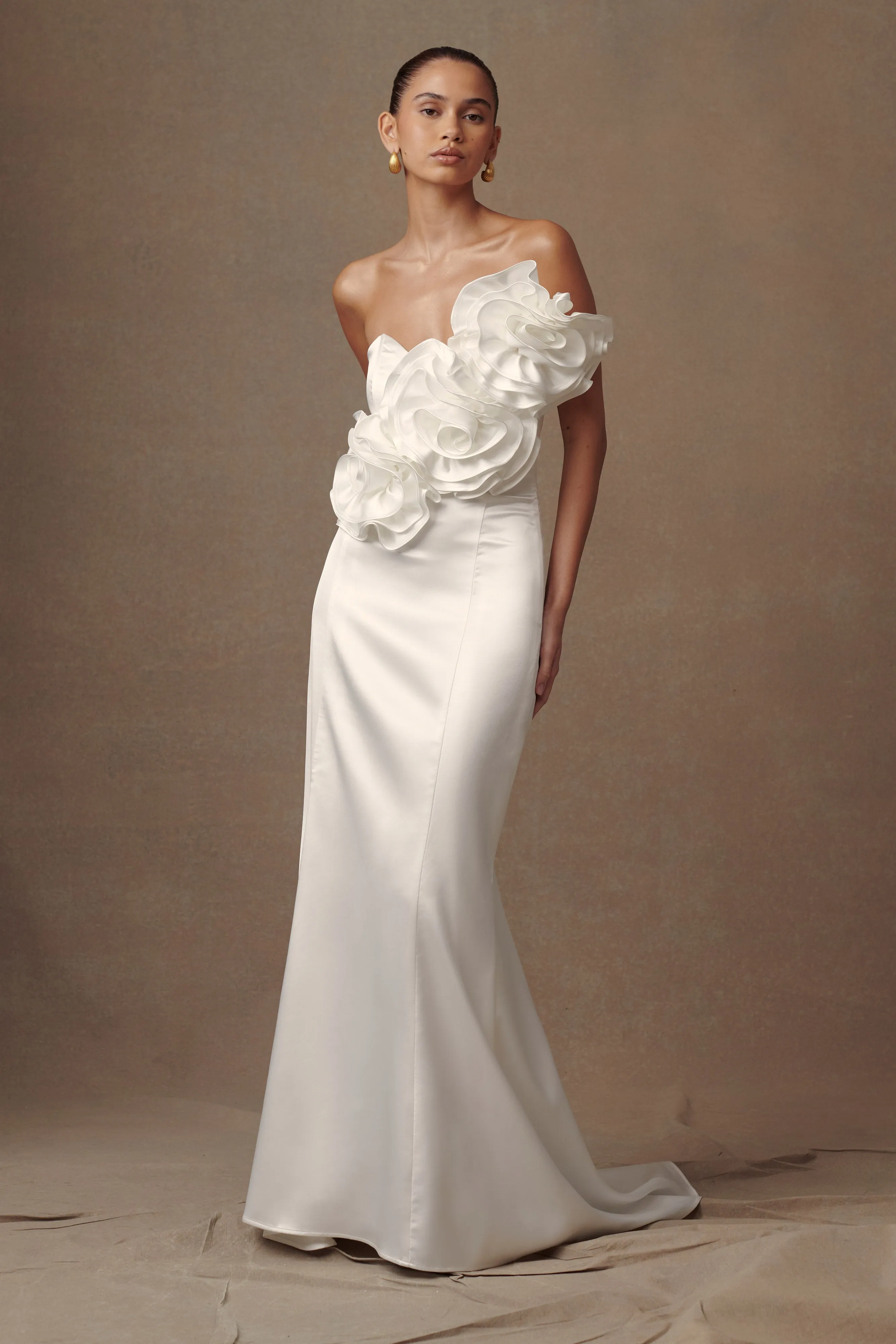 Olivia Strapless Satin Rose Wedding Gown - White sold by Meshki