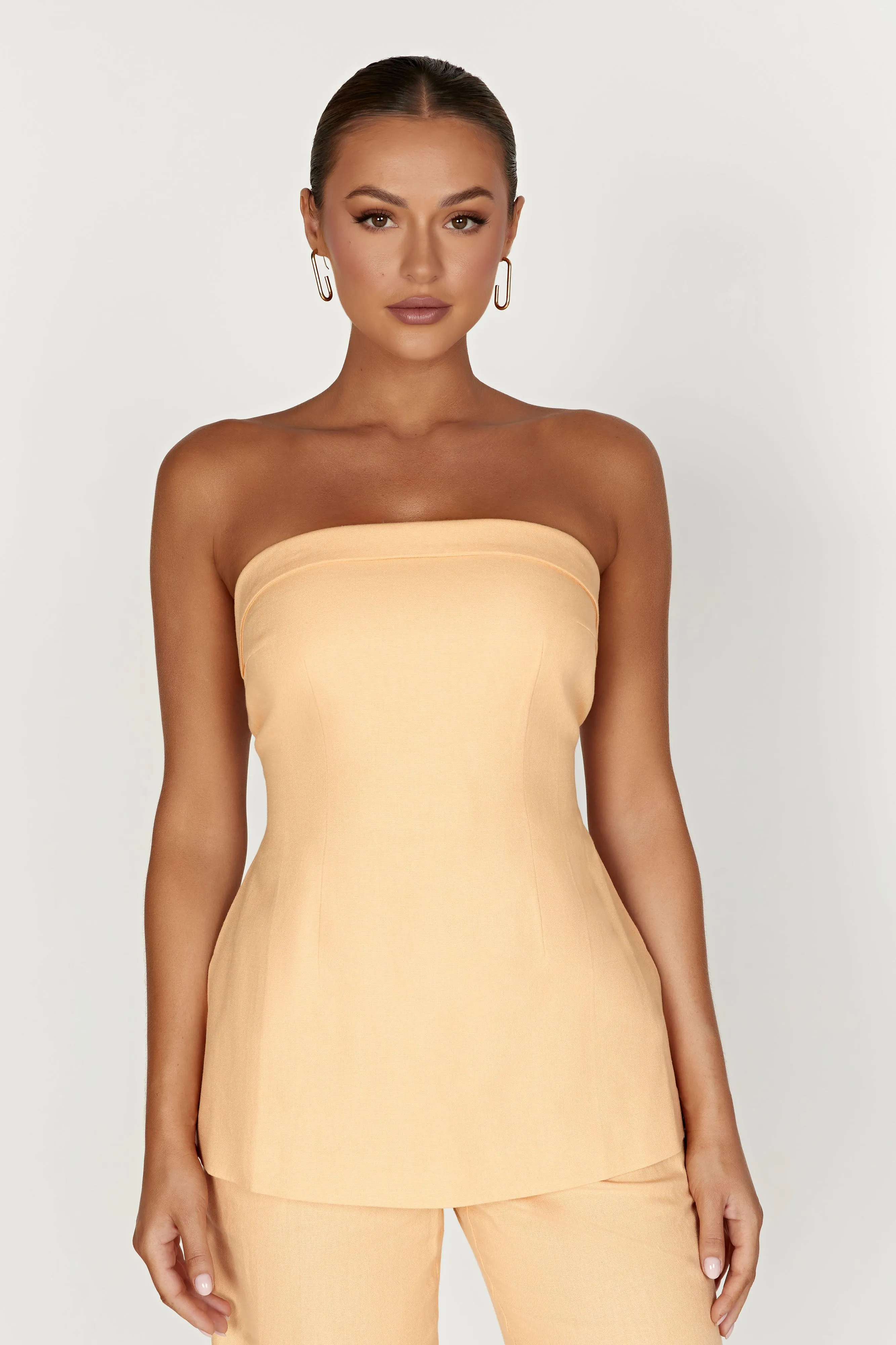 Aieleen Linen Strapless Back Tie Top - Mango sold by Meshki