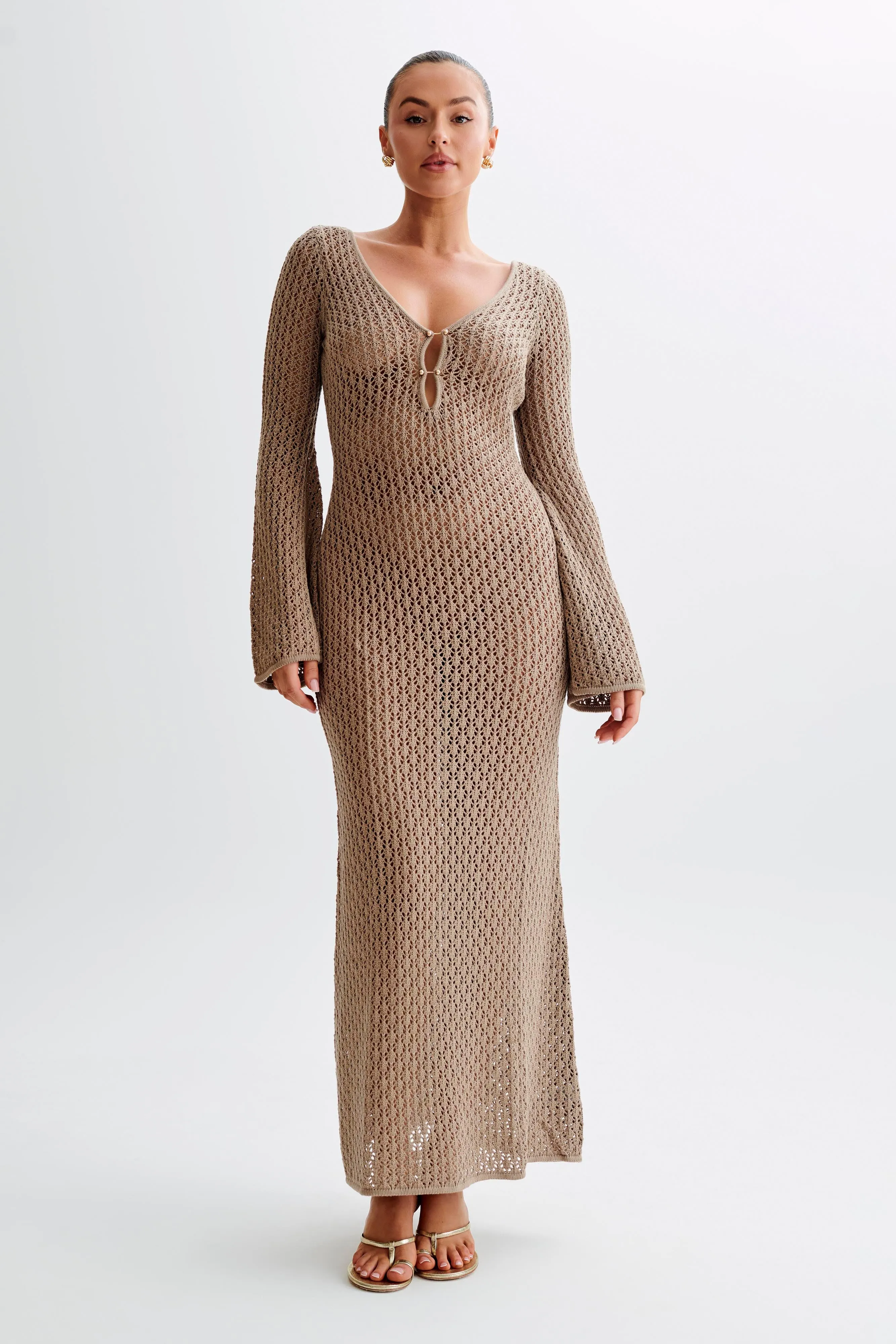 Kayleigh Crochet Fishtail Flare Sleeve Maxi Dress - Taupe sold by Meshki