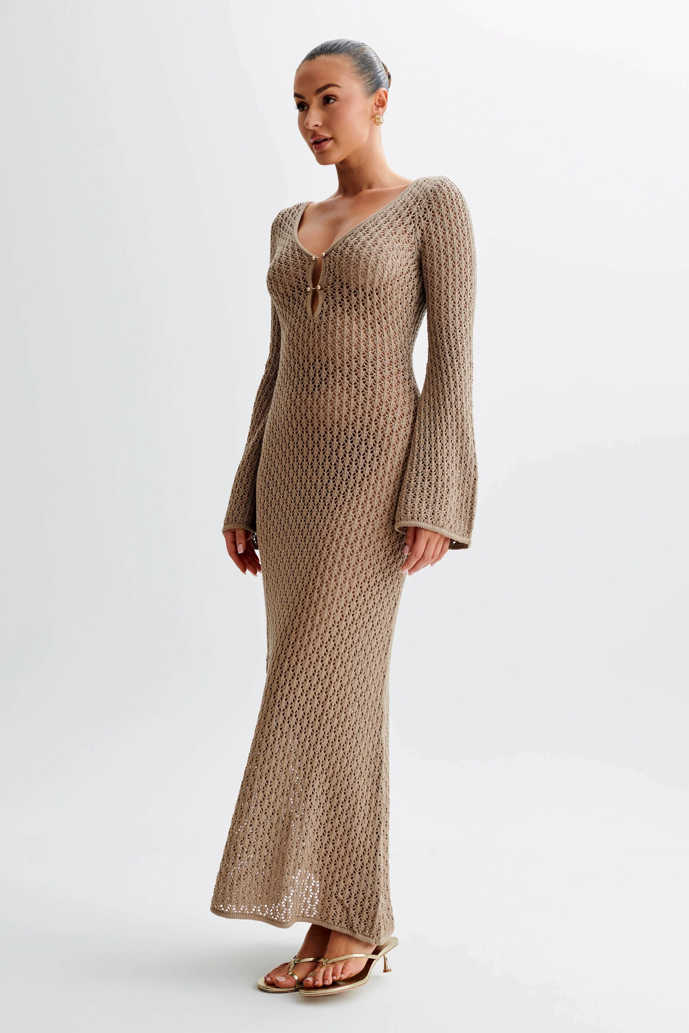 Kayleigh Crochet Fishtail Flare Sleeve Maxi Dress - Taupe sold by Meshki product image thumbnail 2
