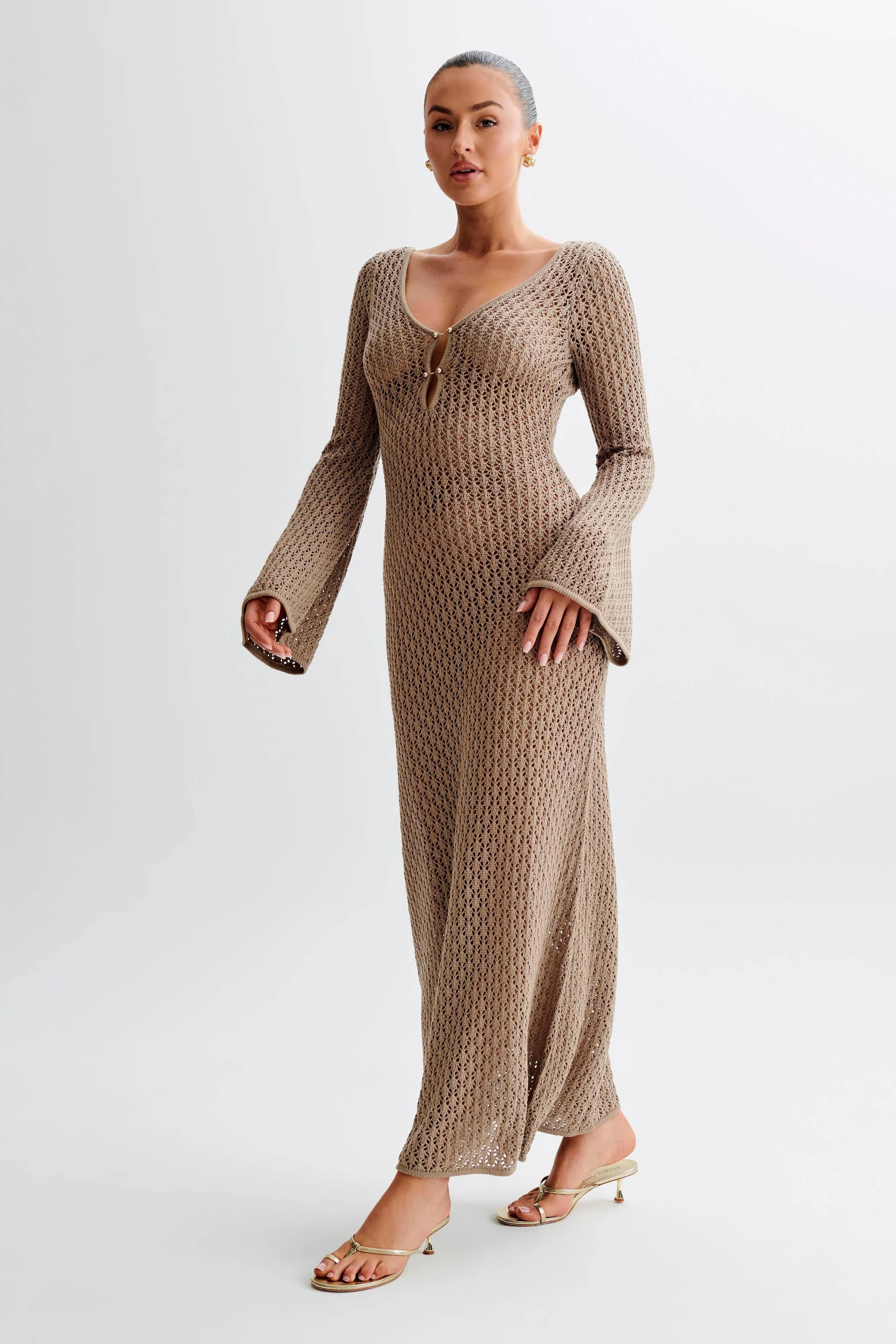 Kayleigh Crochet Fishtail Flare Sleeve Maxi Dress - Taupe sold by Meshki product image thumbnail 3