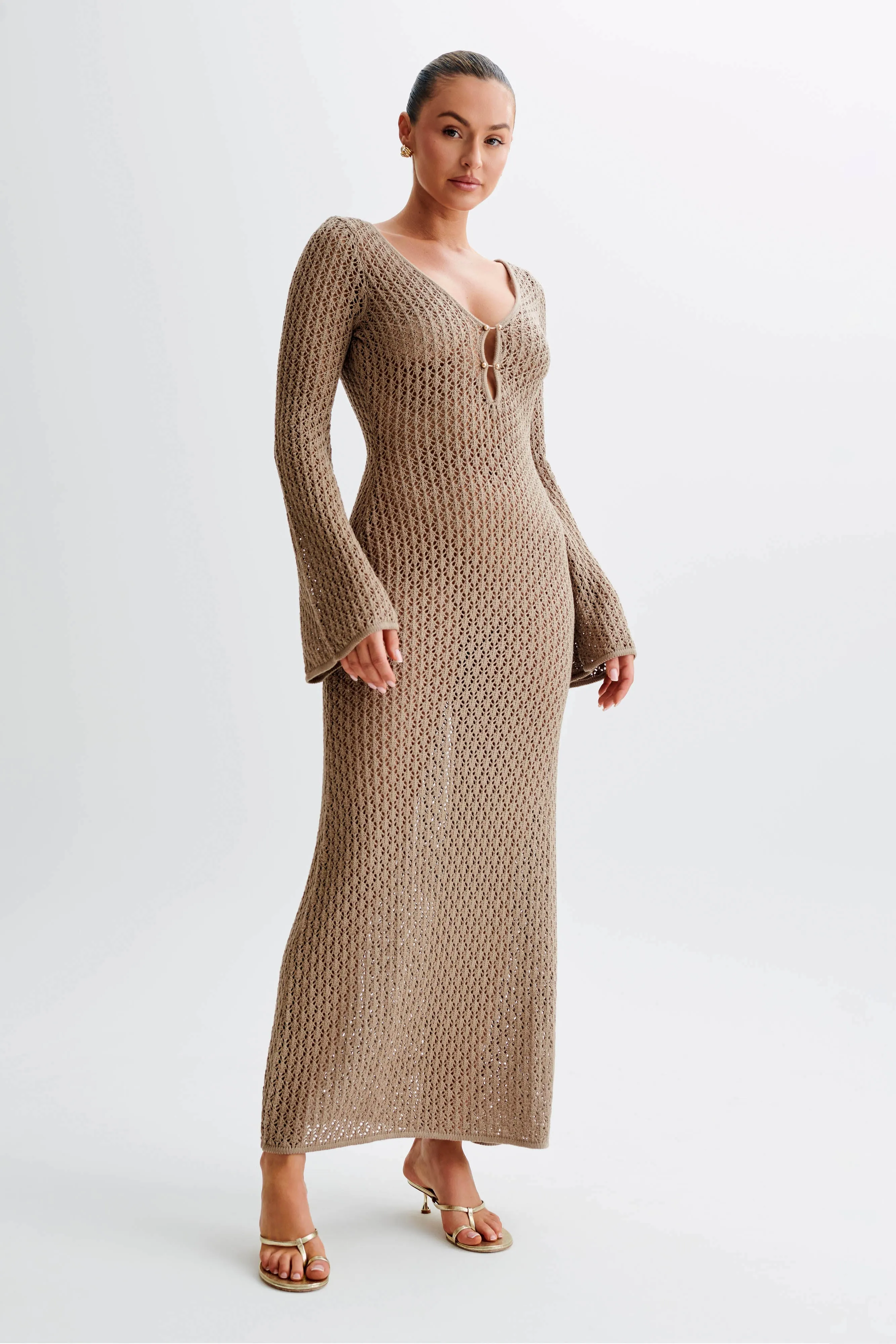 Kayleigh Crochet Fishtail Flare Sleeve Maxi Dress - Taupe sold by Meshki product image thumbnail 4