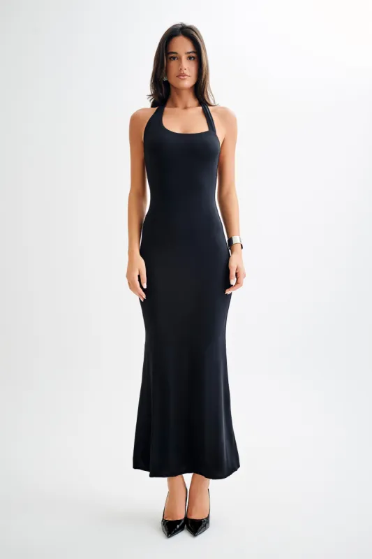 Marianne Asymmetrical Slinky Maxi Dress - Black sold by Meshki