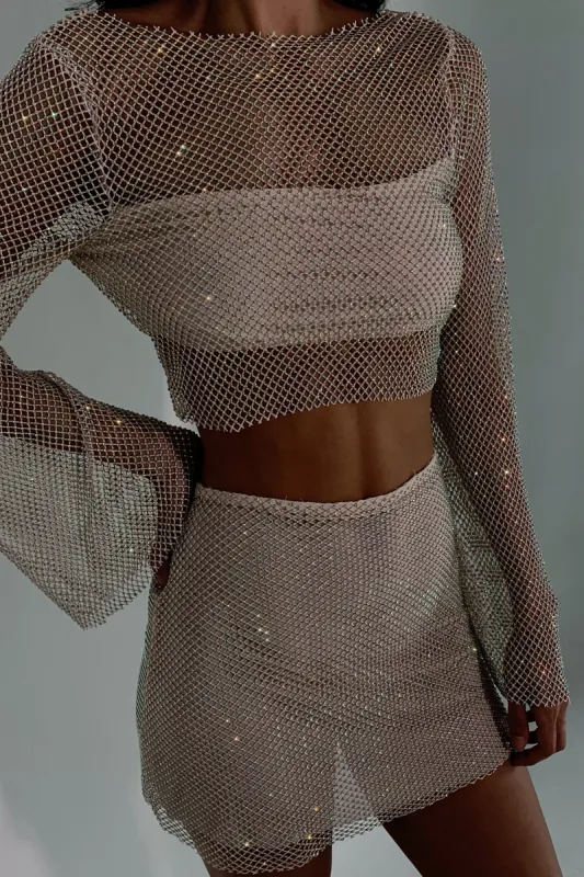 Hilton Diamante Mesh Mini Skirt - Cream sold by Meshki