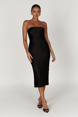 Tyler Strapless Satin Midi Dress - Black sold by Meshki
