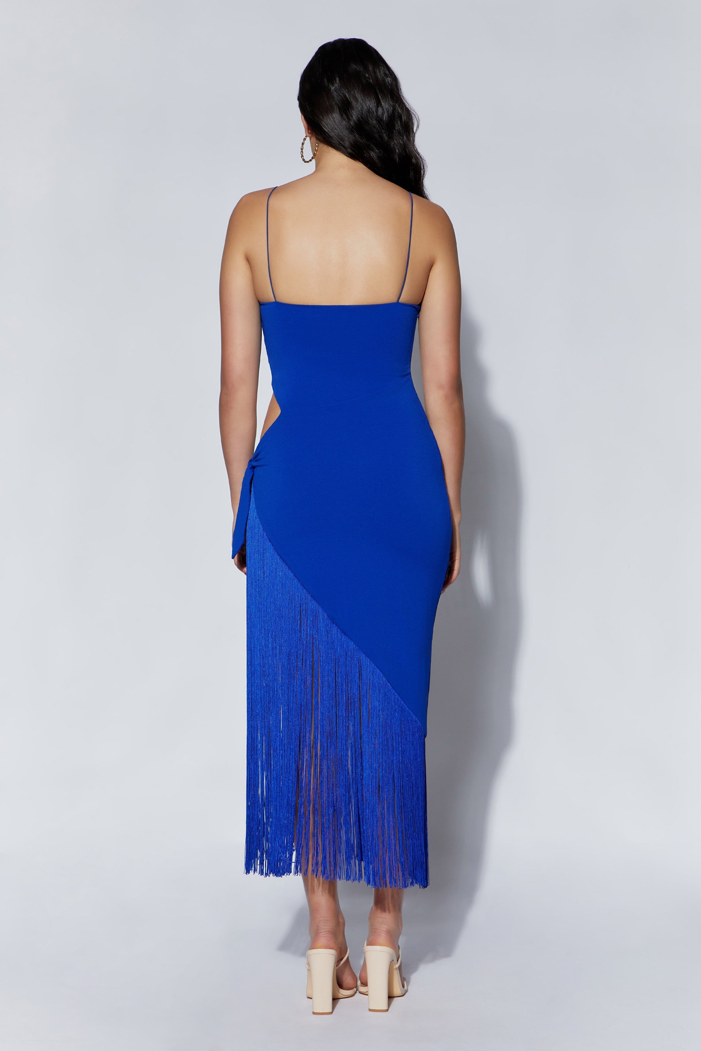 Yasmin Wrap Over Midi Dress With Fringing - Persian Blue sold by Meshki product image thumbnail 2