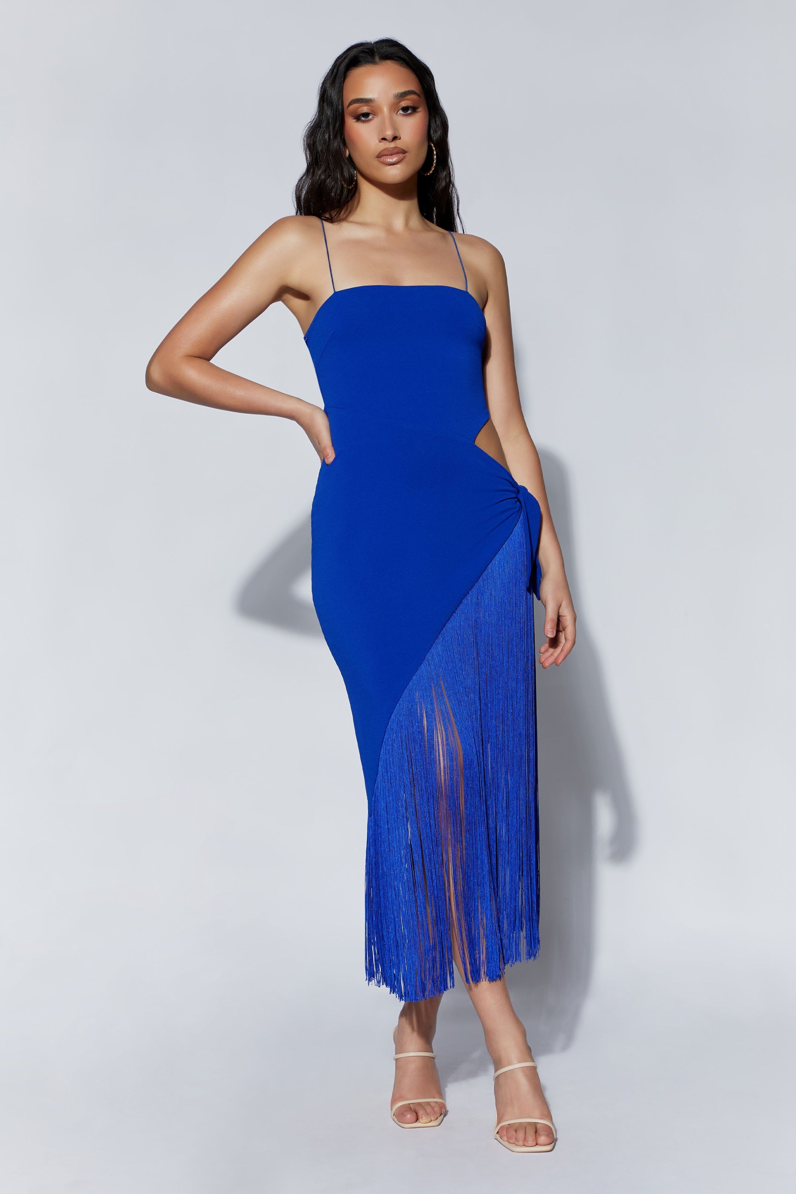 Yasmin Wrap Over Midi Dress With Fringing - Persian Blue sold by Meshki product image thumbnail 6