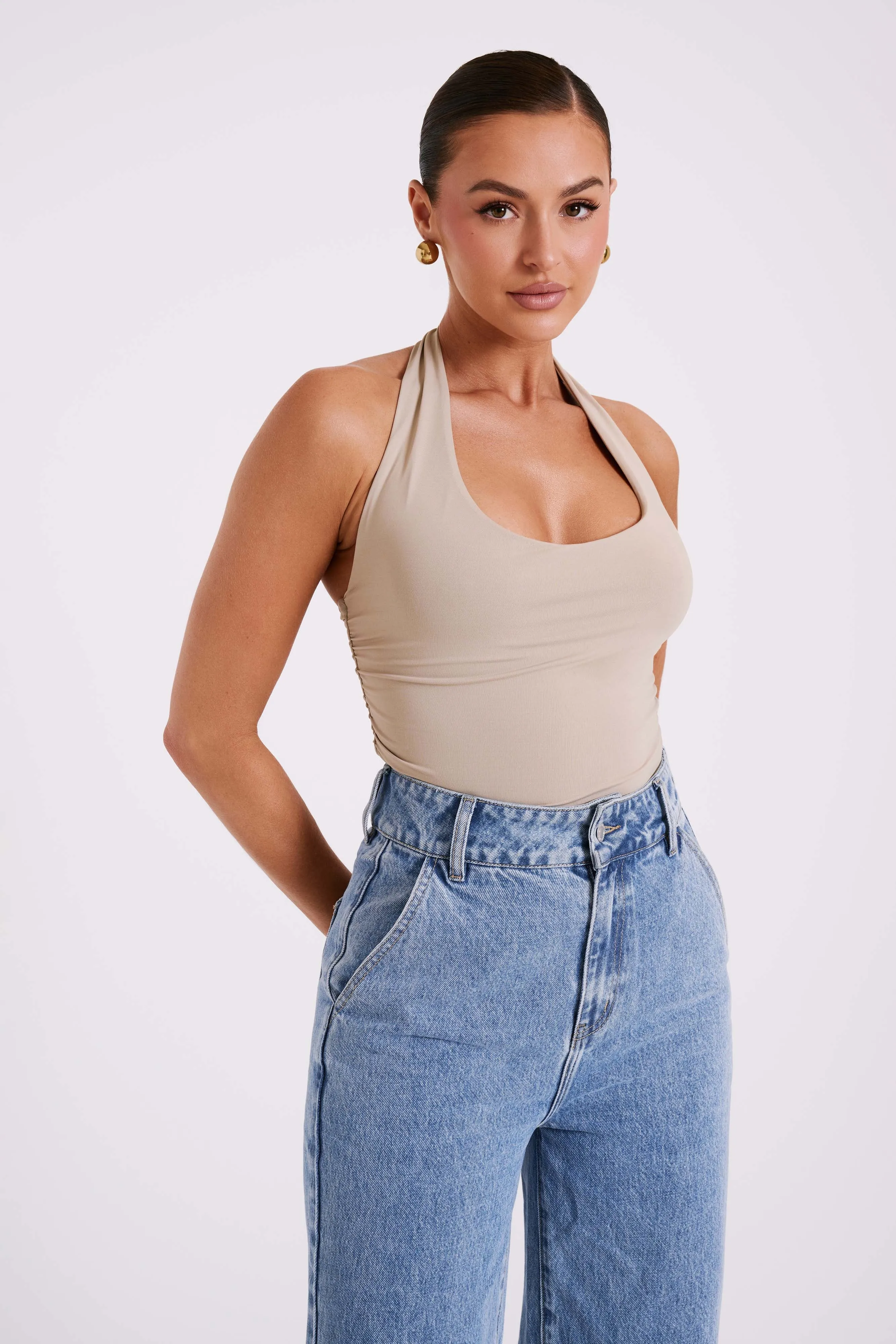 Marie Recycled Nylon Halter Top - Taupe sold by Meshki