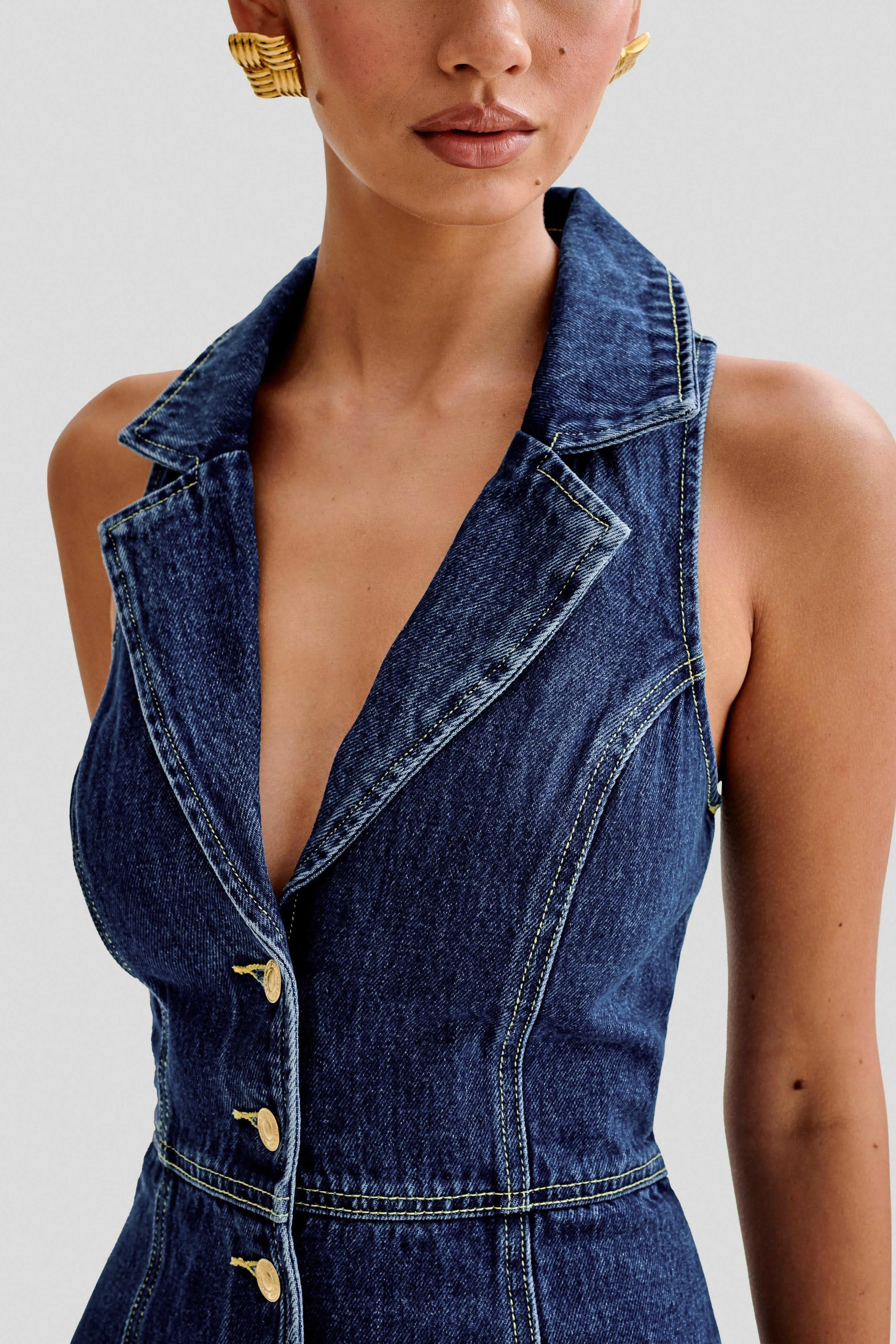 Eugenie Collared Denim Mini Dress - Dark Blue sold by Meshki product image thumbnail 2