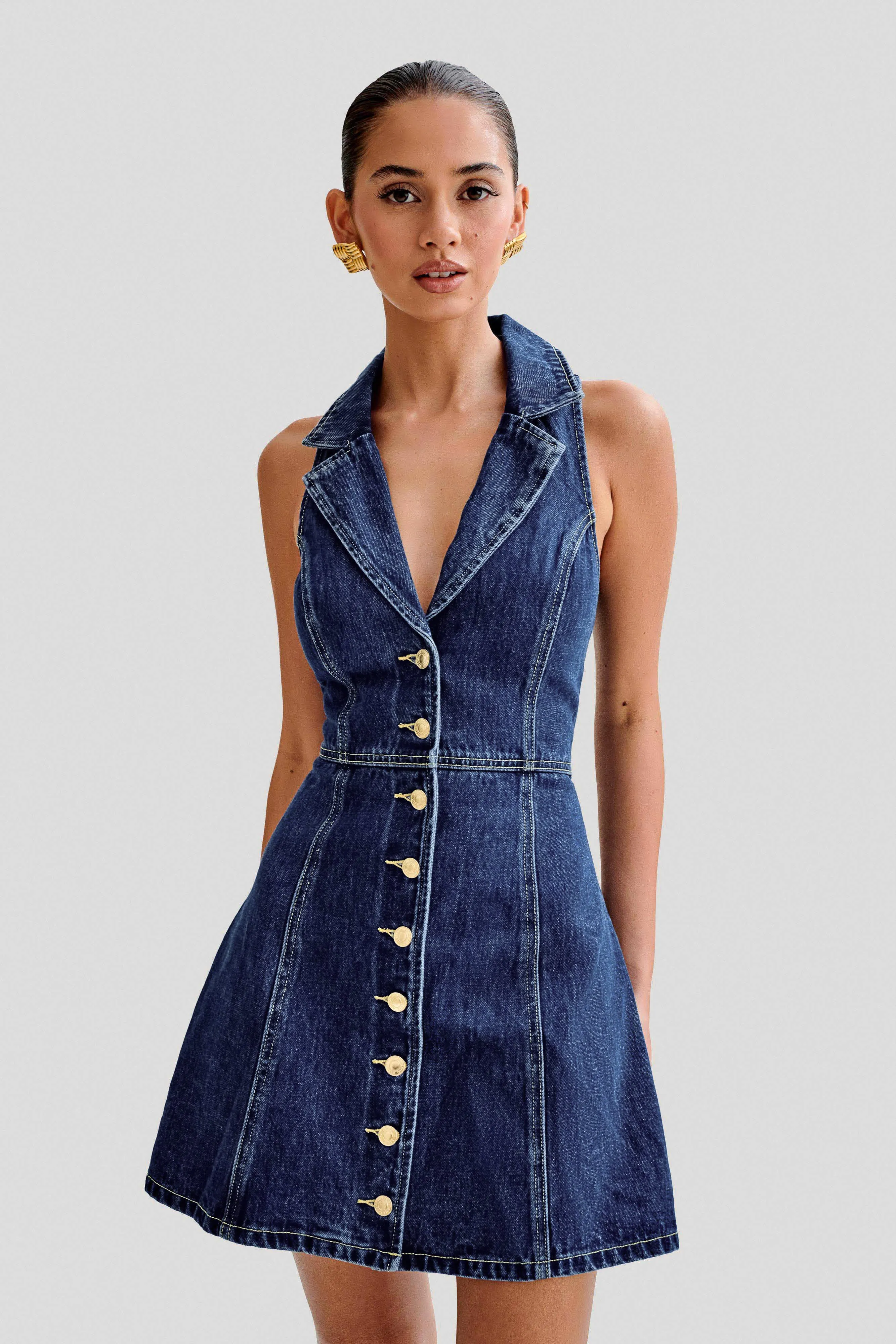 Eugenie Collared Denim Mini Dress - Dark Blue sold by Meshki product image thumbnail 4