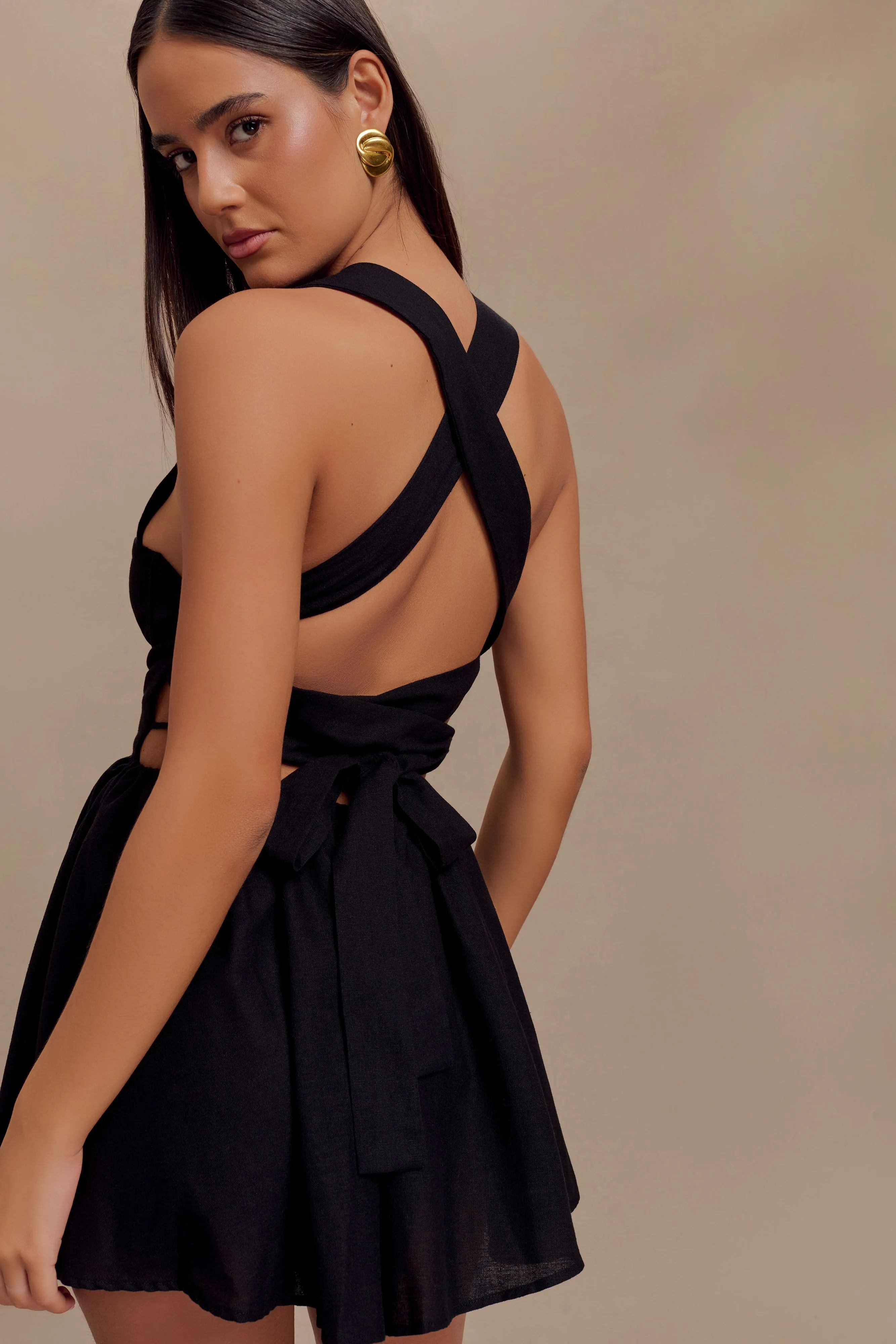 Loz Tie Back Linen Mini Dress - Black sold by Meshki product image thumbnail 4