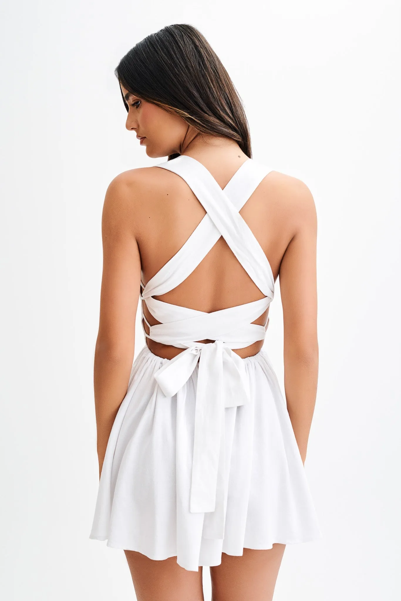Loz Tie Back Linen Mini Dress - White sold by Meshki
