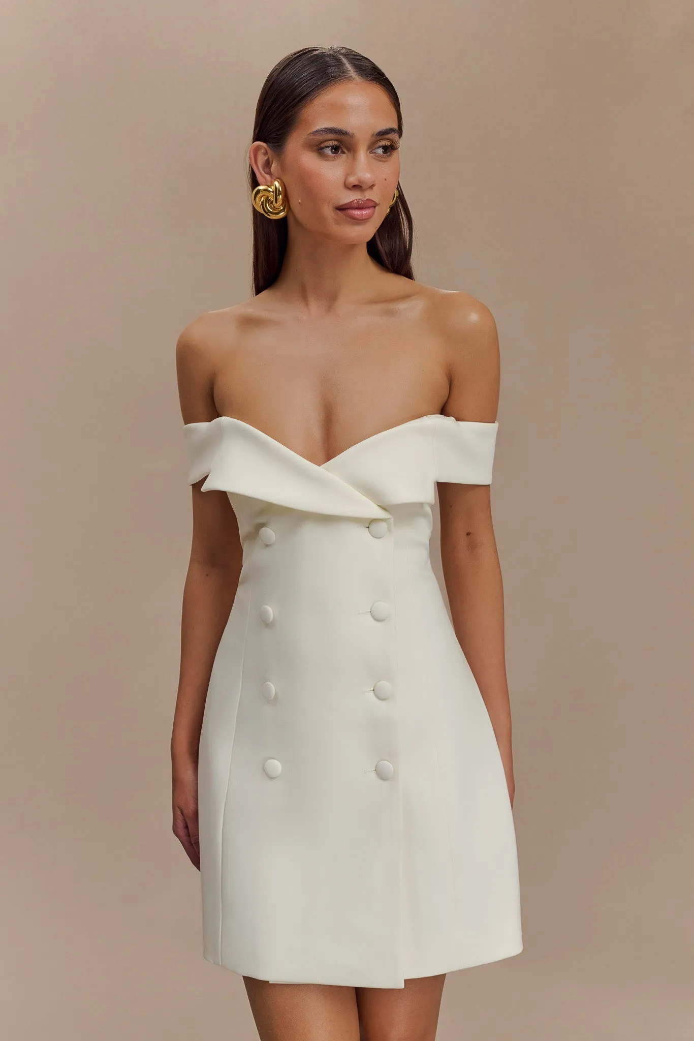 Noelle Off Shoulder Suiting Mini Dress - Ivory sold by Meshki