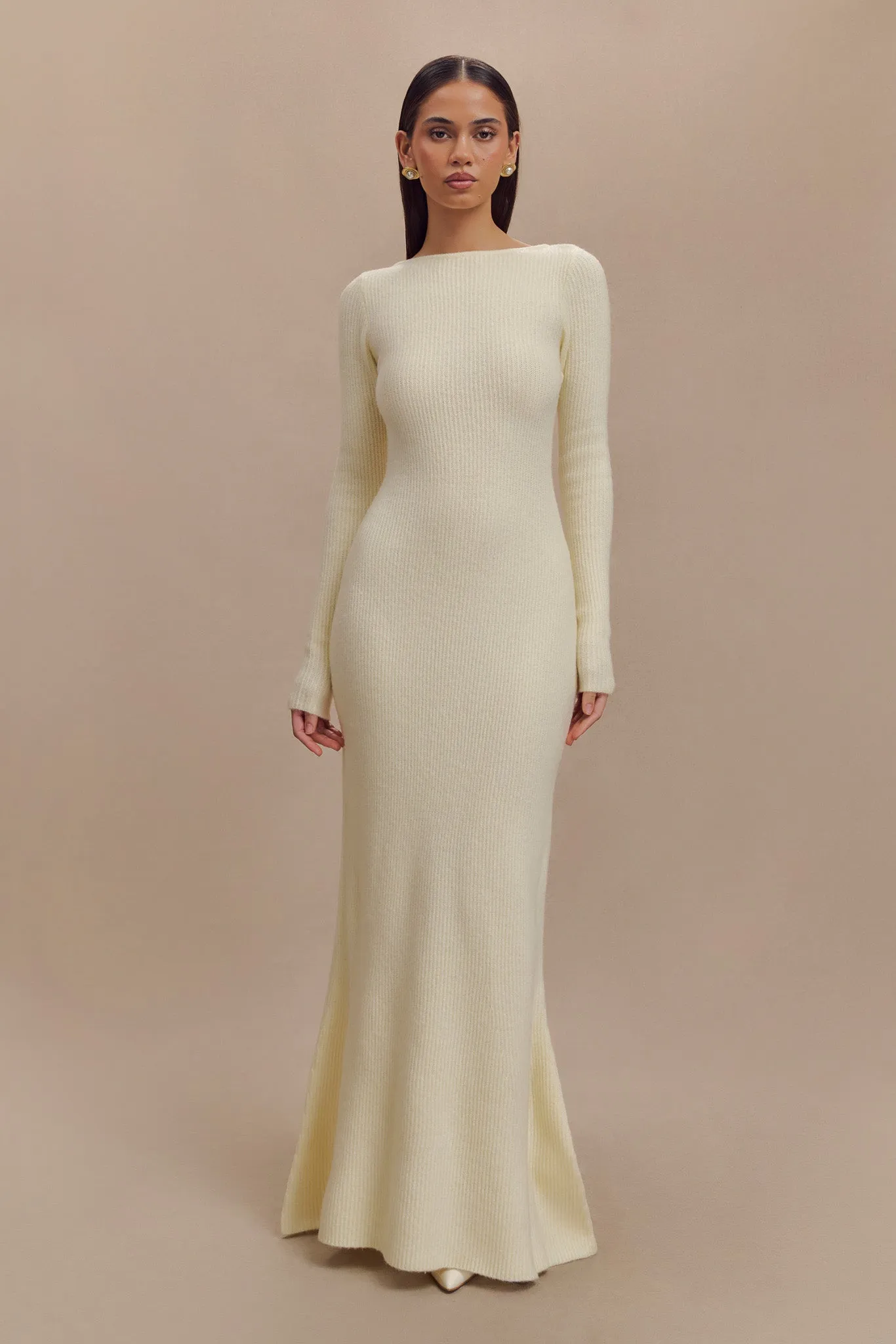 Emily Long Sleeve Knit Maxi Dress - Ivory Marle sold by Meshki