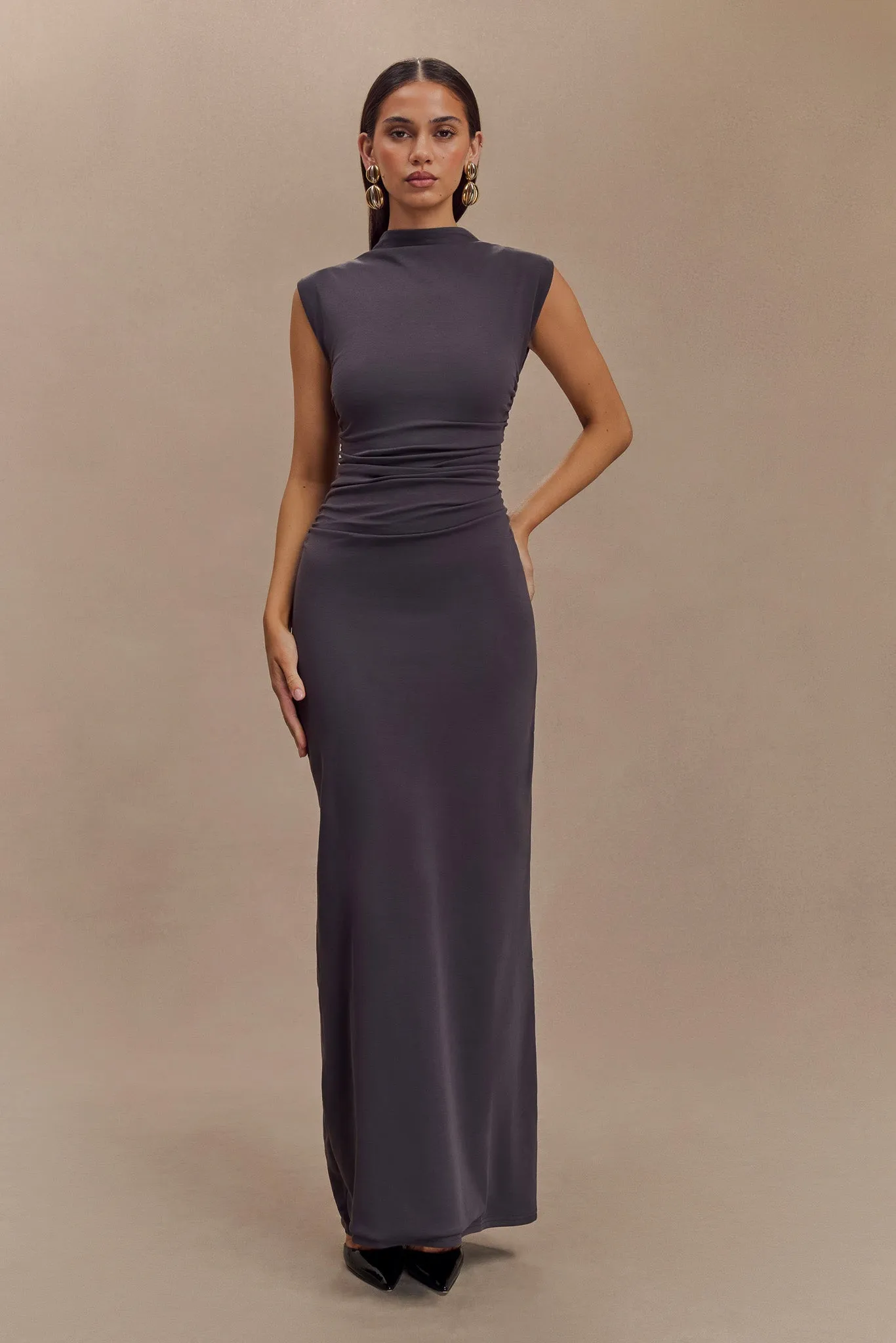 Elliot High Neck Sleeveless Maxi Dress - Dark Charcoal sold by Meshki