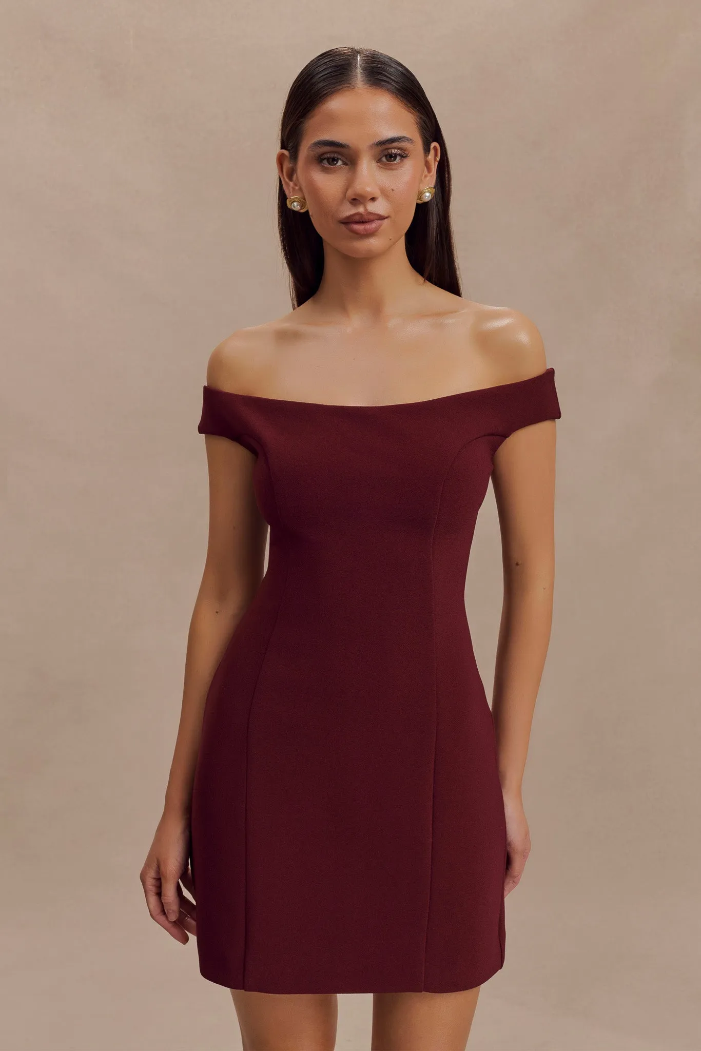 Cassidy Crepe Off Shoulder Mini Dress - Merlot sold by Meshki product image thumbnail 3