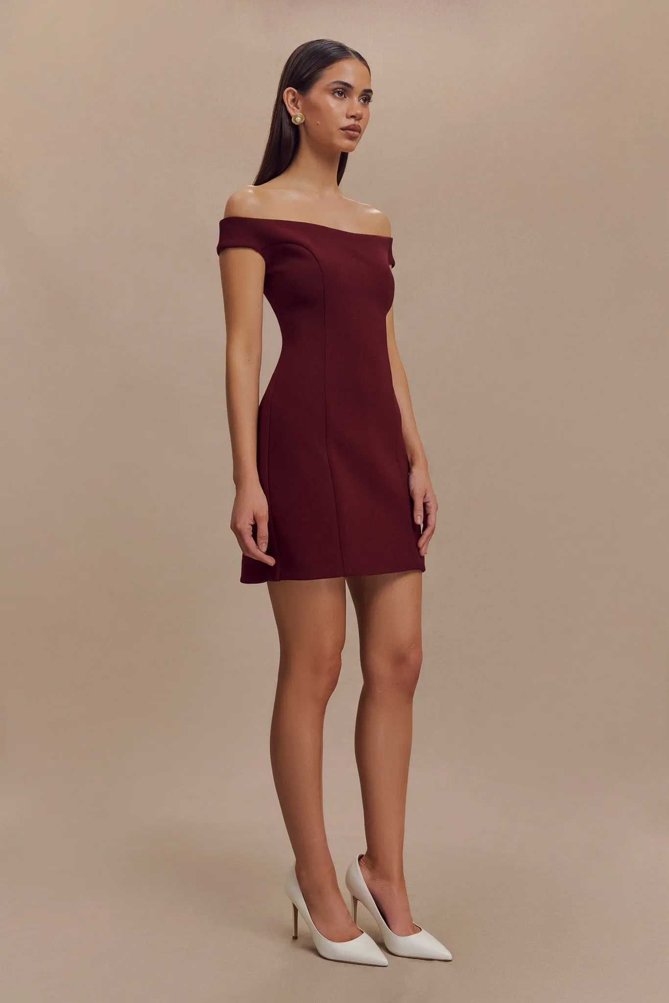 Cassidy Crepe Off Shoulder Mini Dress - Merlot sold by Meshki product image thumbnail 4
