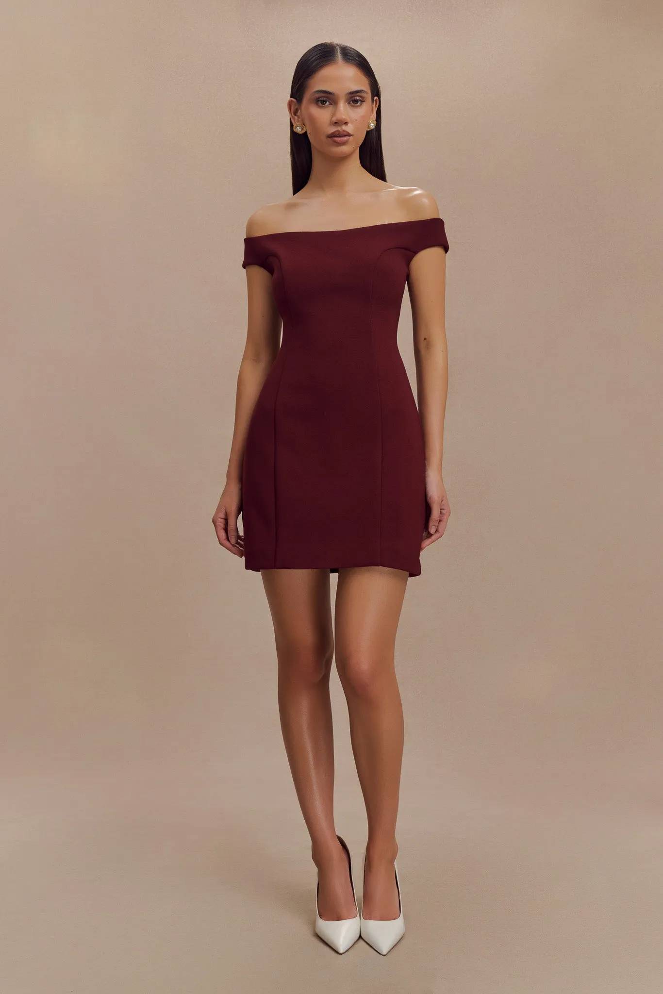 Cassidy Crepe Off Shoulder Mini Dress - Merlot sold by Meshki