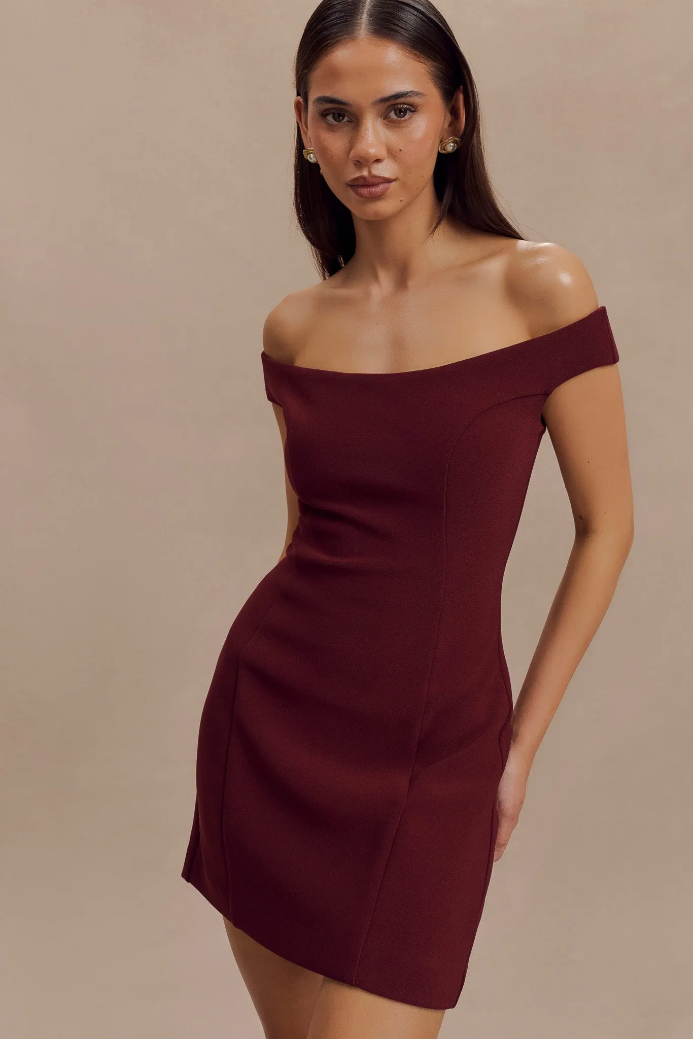 Cassidy Crepe Off Shoulder Mini Dress - Merlot sold by Meshki product image thumbnail 5