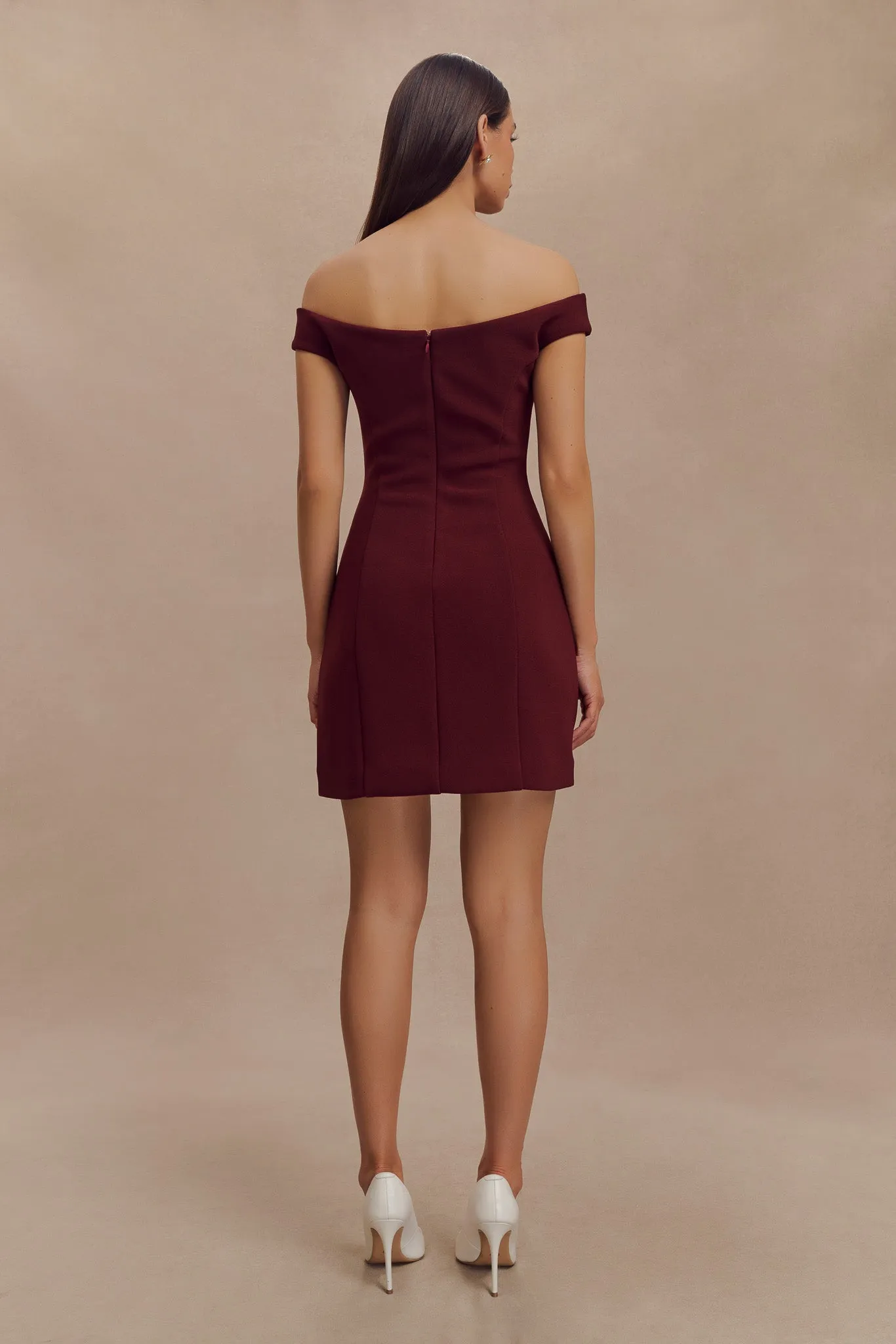 Cassidy Crepe Off Shoulder Mini Dress - Merlot sold by Meshki product image thumbnail 2